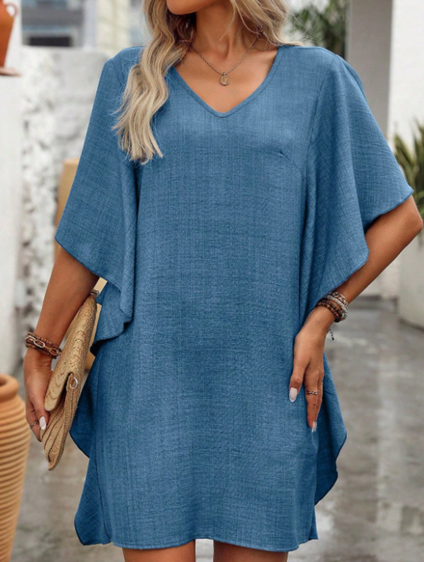 Solid Loose Ruffle V Neck Flowy Dress