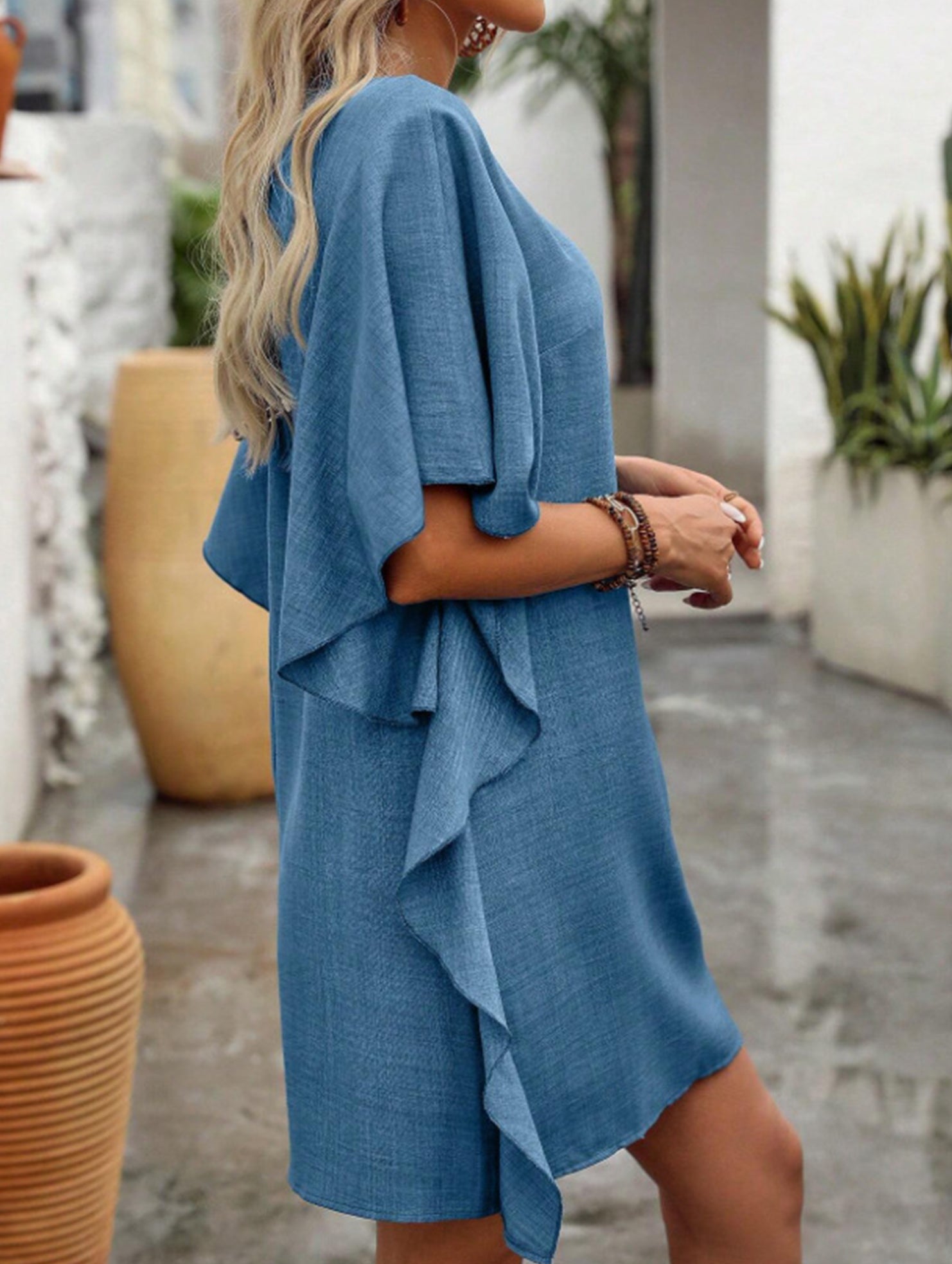 Solid Loose Ruffle V Neck Flowy Dress