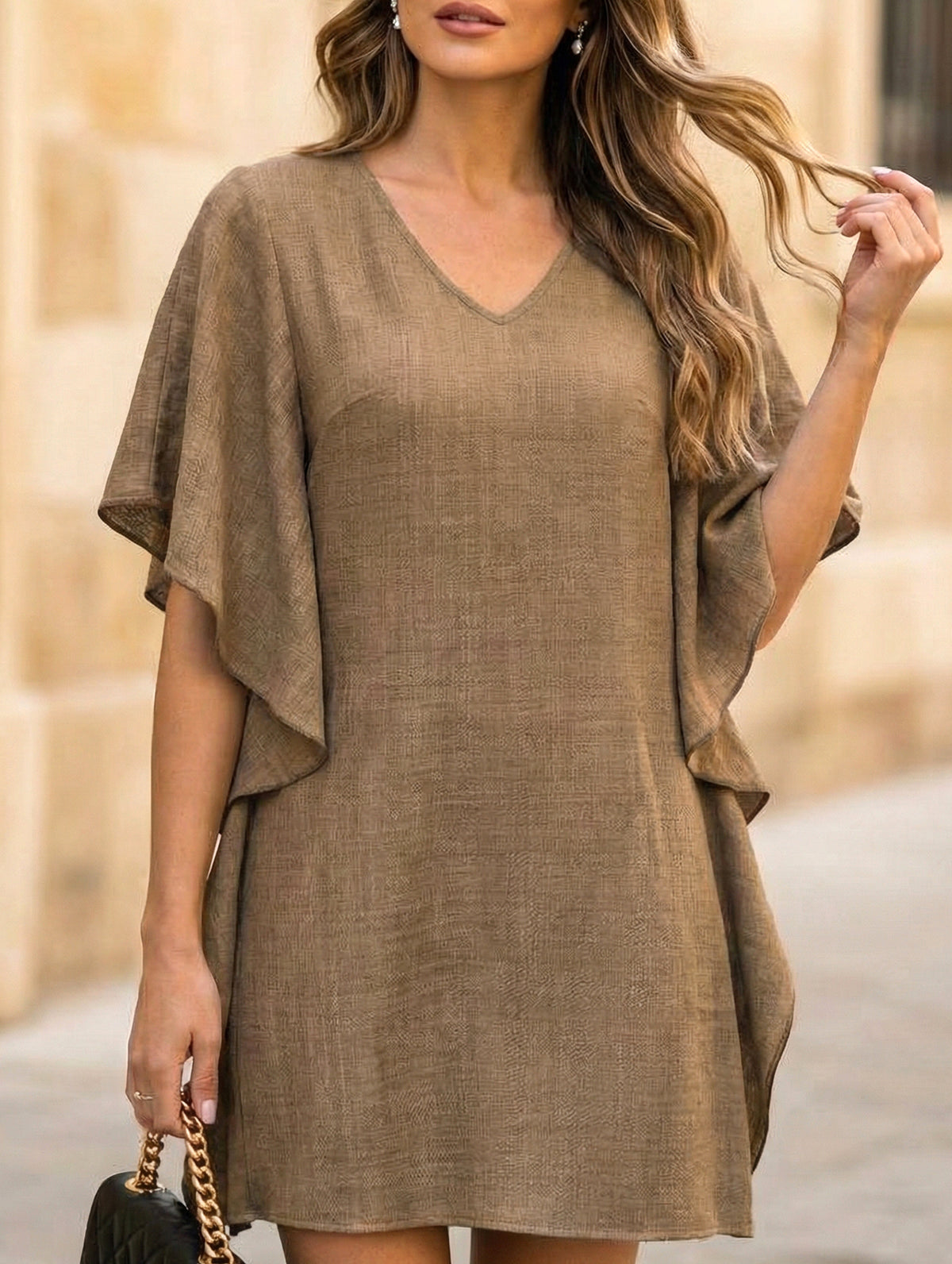 Solid Loose Ruffle V Neck Flowy Dress