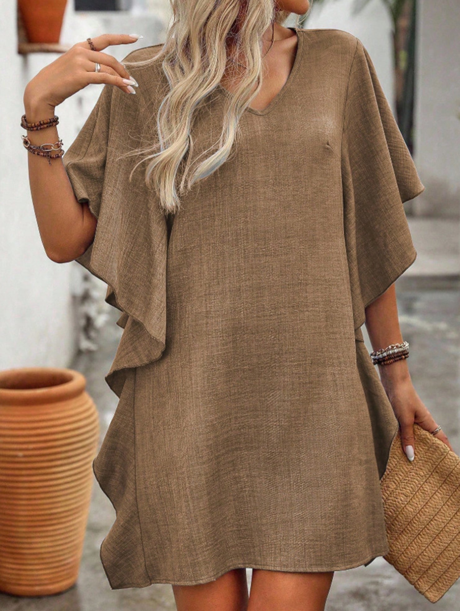 Solid Loose Ruffle V Neck Flowy Dress