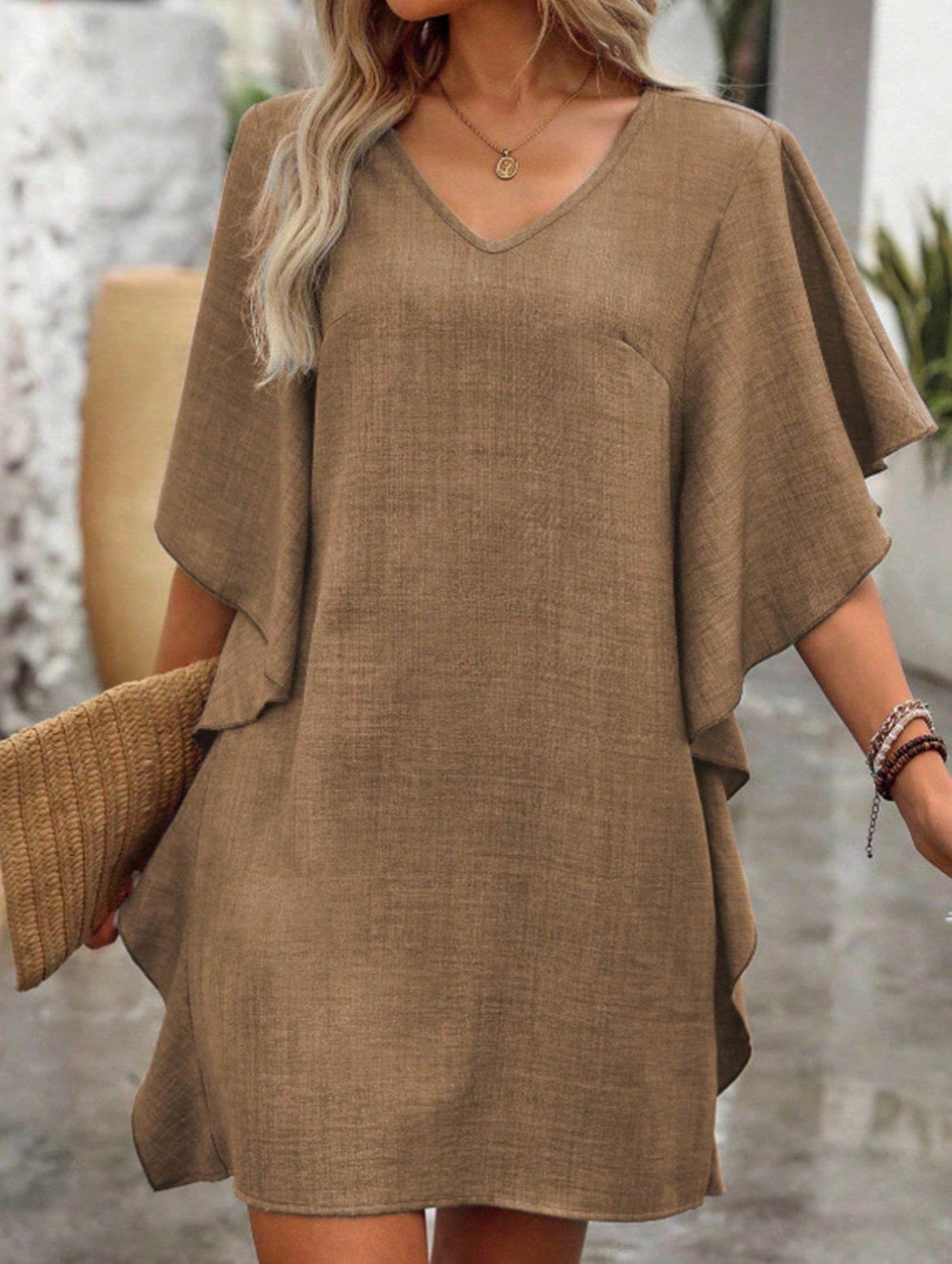 Solid Loose Ruffle V Neck Flowy Dress