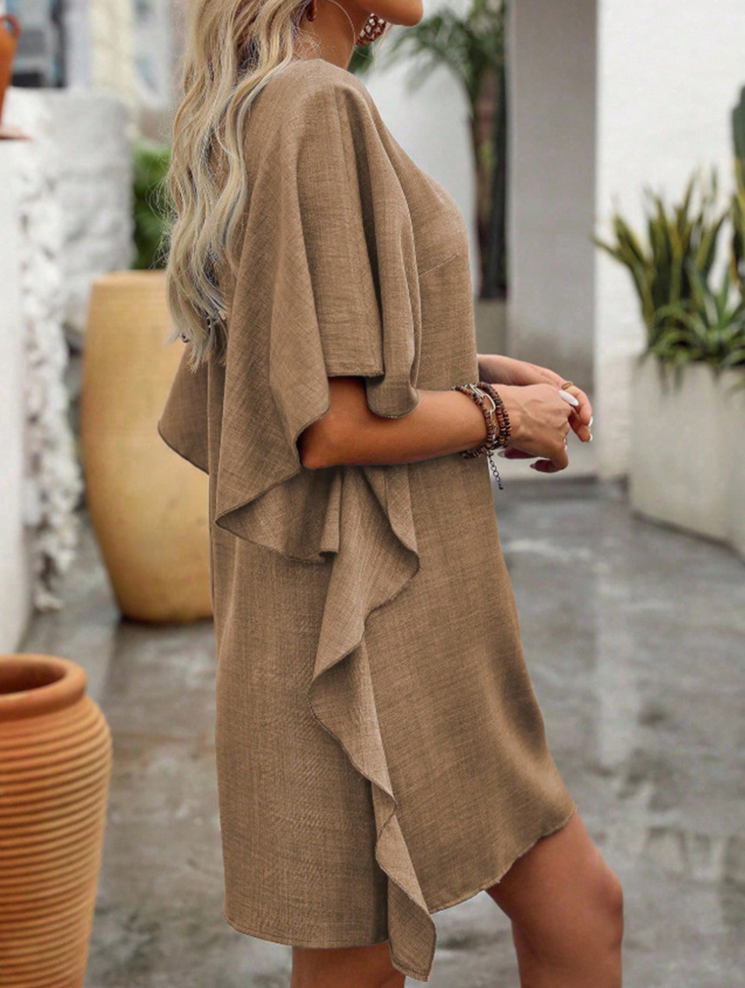 Solid Loose Ruffle V Neck Flowy Dress