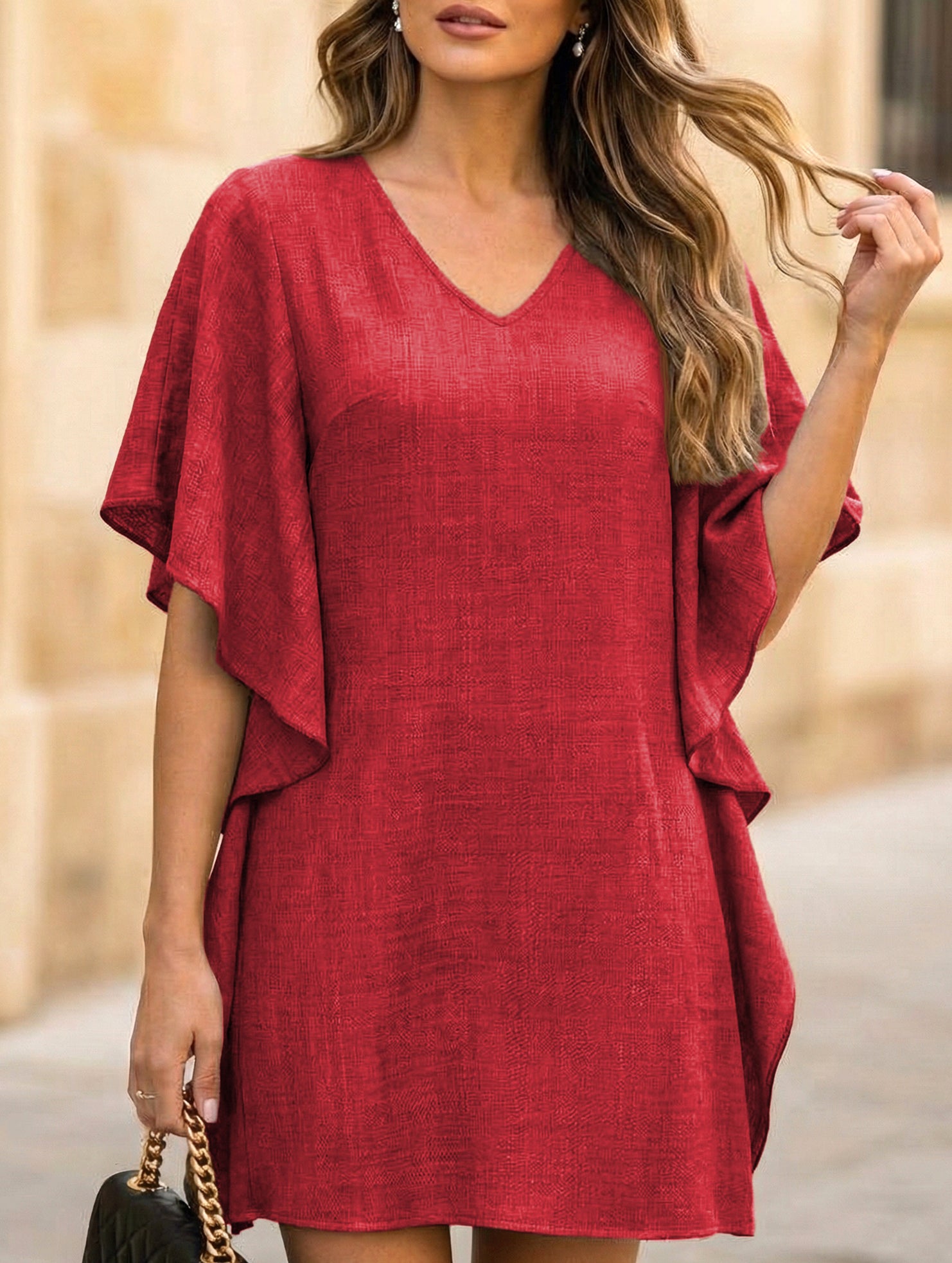Solid Loose Ruffle V Neck Flowy Dress