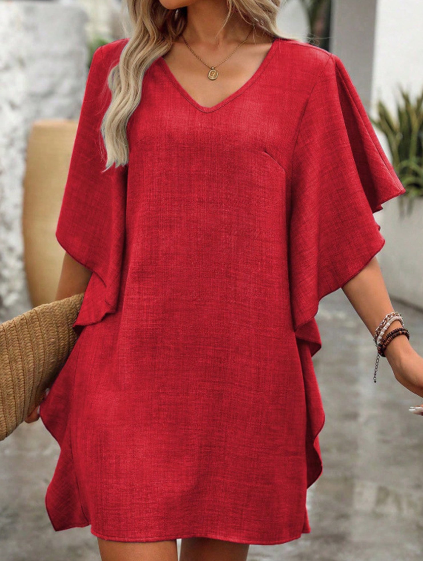 Solid Loose Ruffle V Neck Flowy Dress