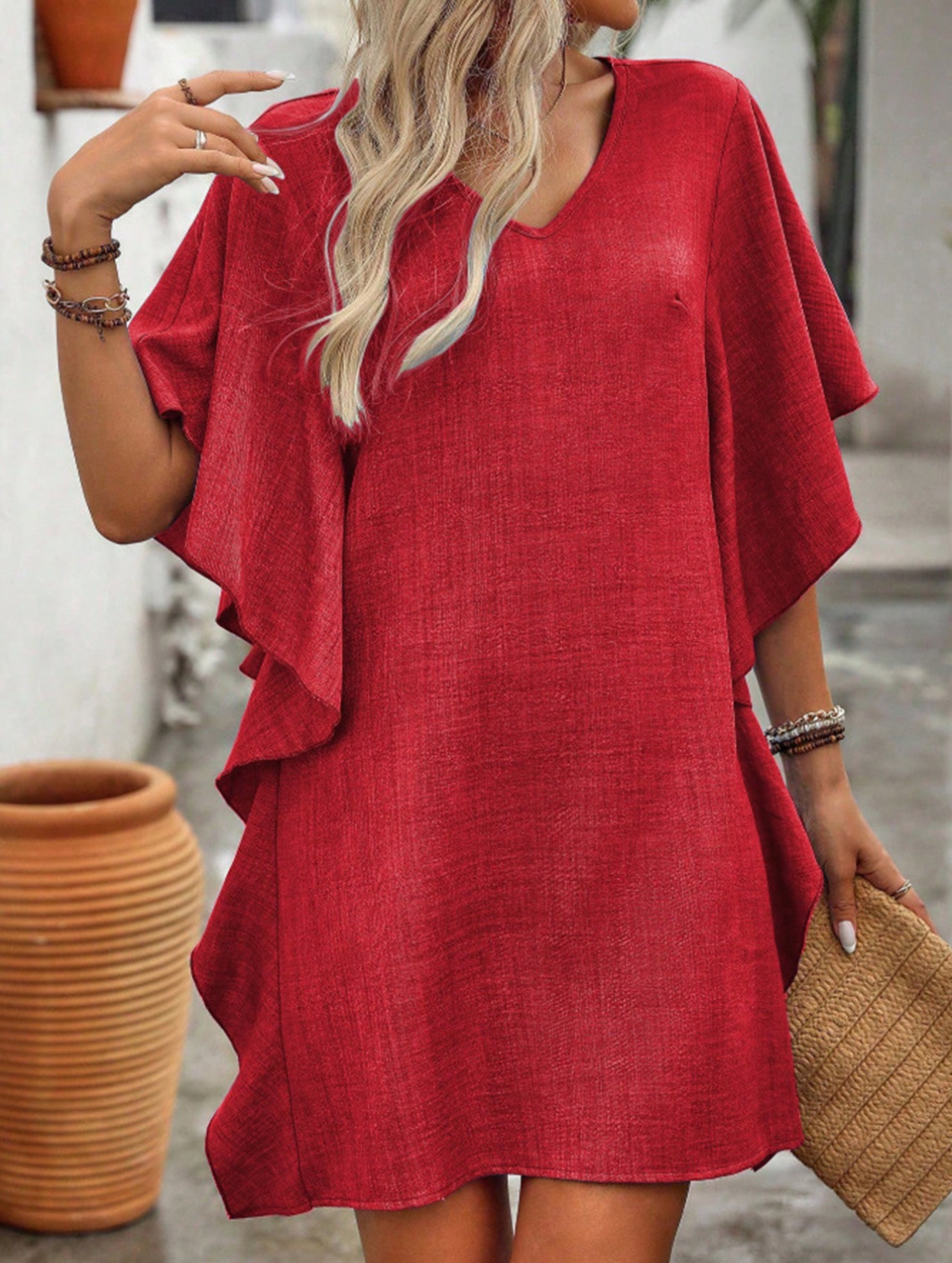 Solid Loose Ruffle V Neck Flowy Dress