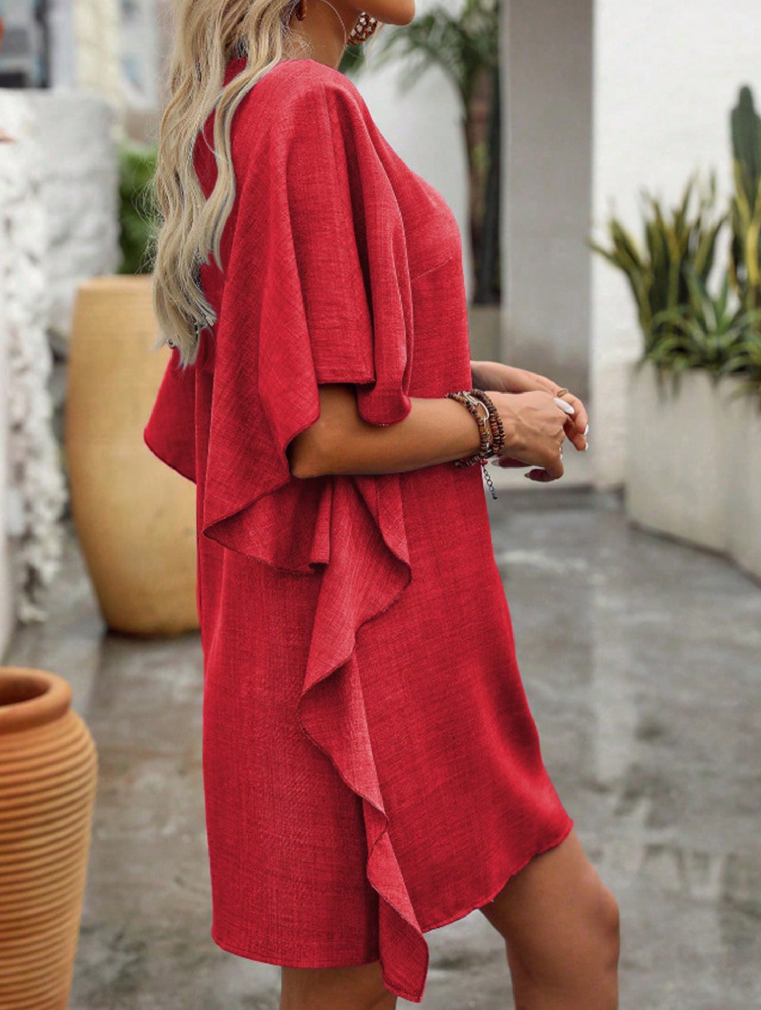 Solid Loose Ruffle V Neck Flowy Dress