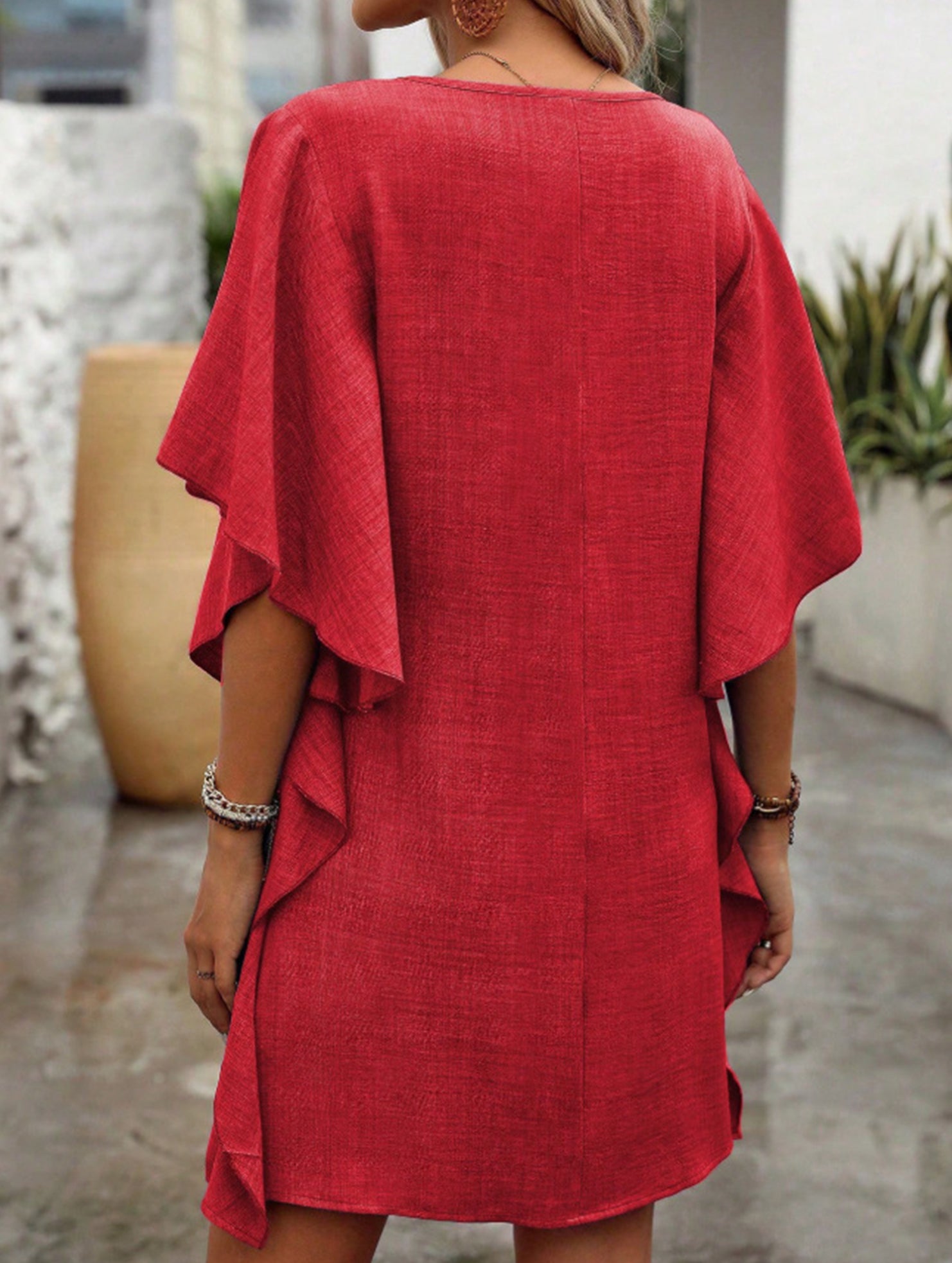 Solid Loose Ruffle V Neck Flowy Dress