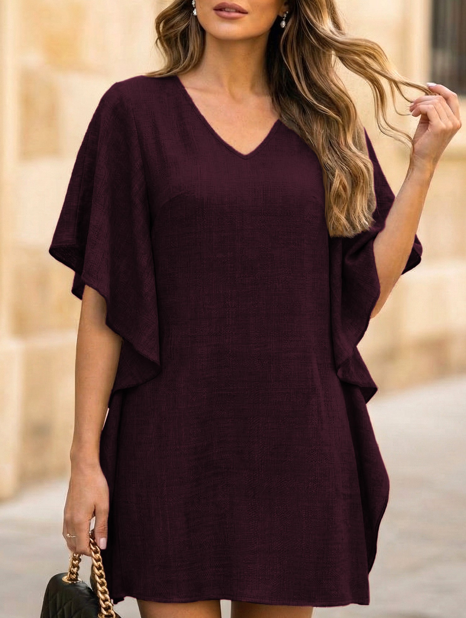 Solid Loose Ruffle V Neck Flowy Dress