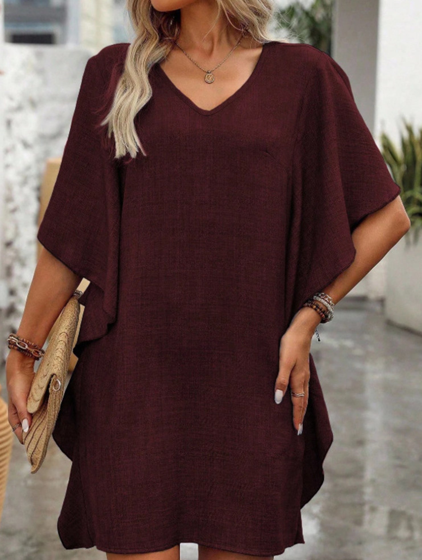 Solid Loose Ruffle V Neck Flowy Dress