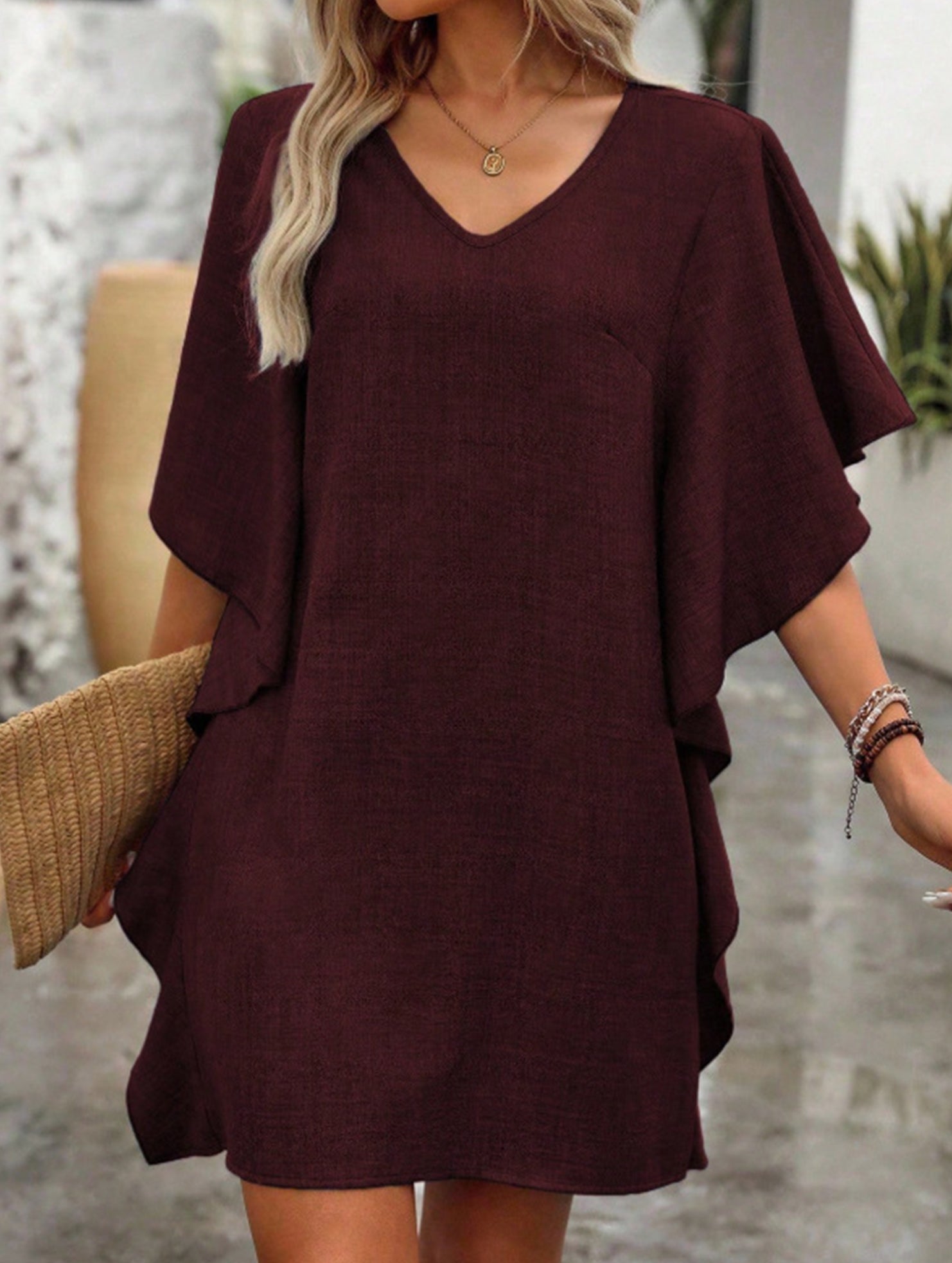 Solid Loose Ruffle V Neck Flowy Dress