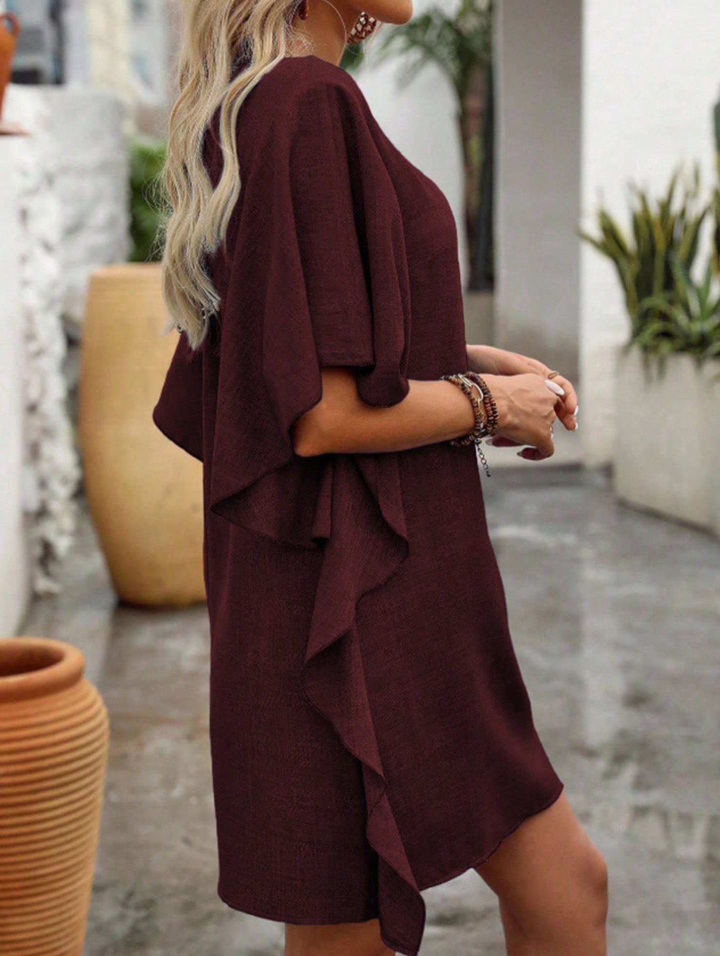 Solid Loose Ruffle V Neck Flowy Dress