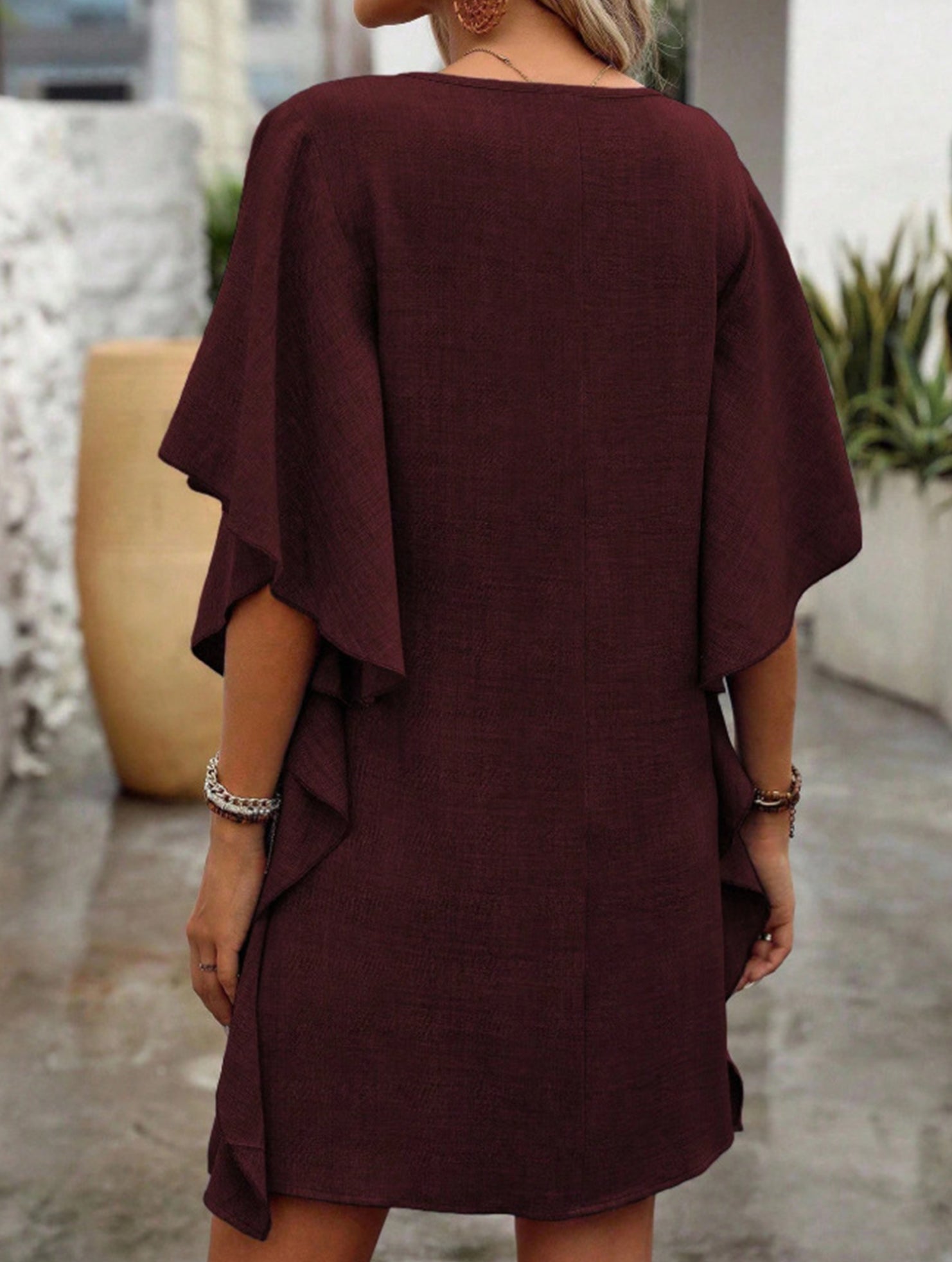 Solid Loose Ruffle V Neck Flowy Dress