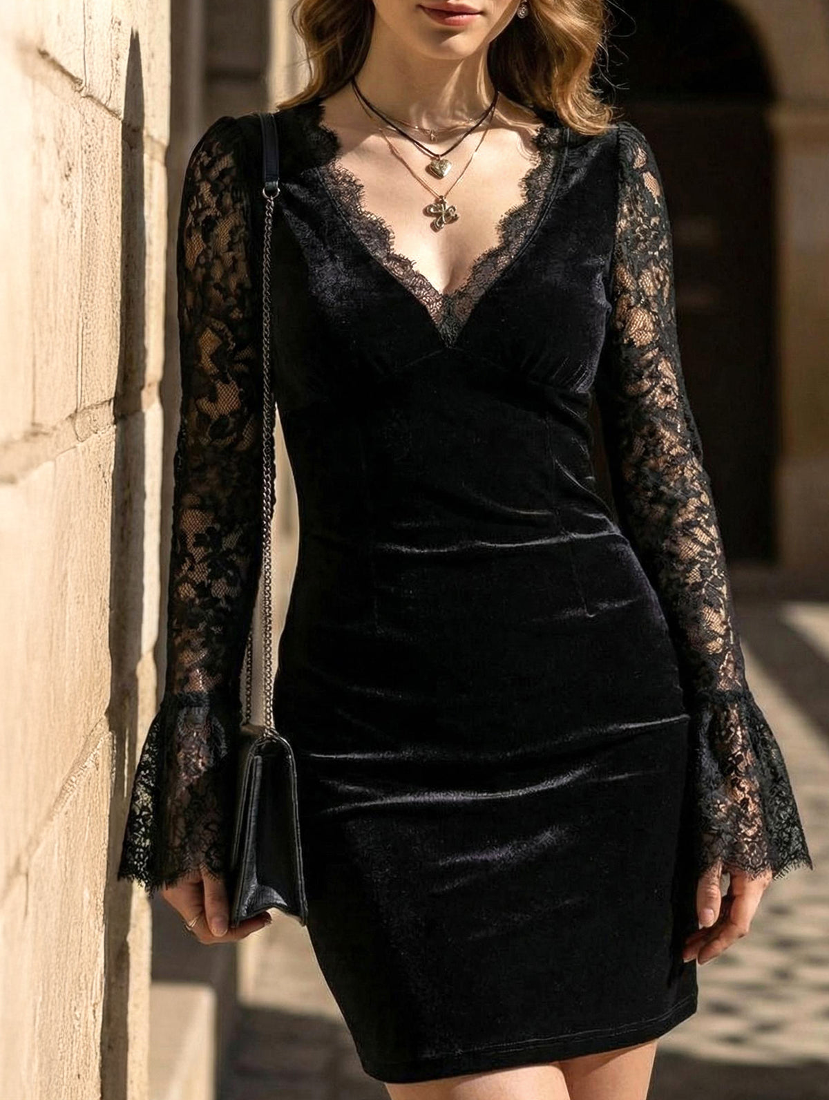 Mesh Lace Deep V Pleated Long Dress_CWDSD11732