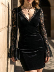 Mesh Lace Deep V Pleated Long Dress_CWDSD11732