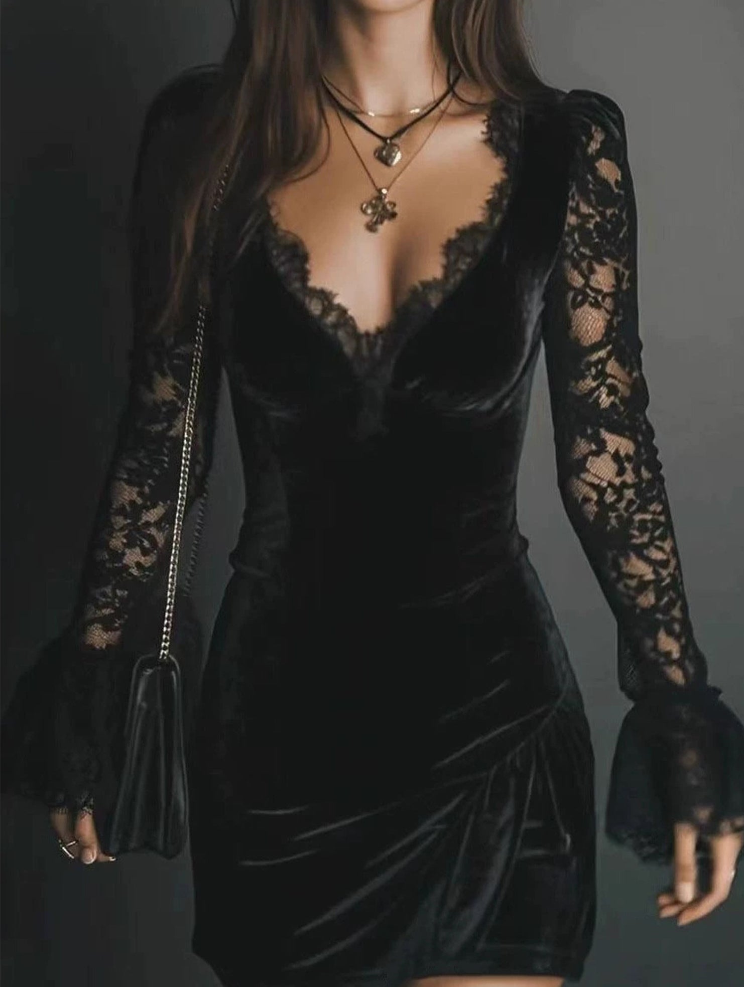 Mesh Lace Deep V Pleated Long Dress_CWDSD11732