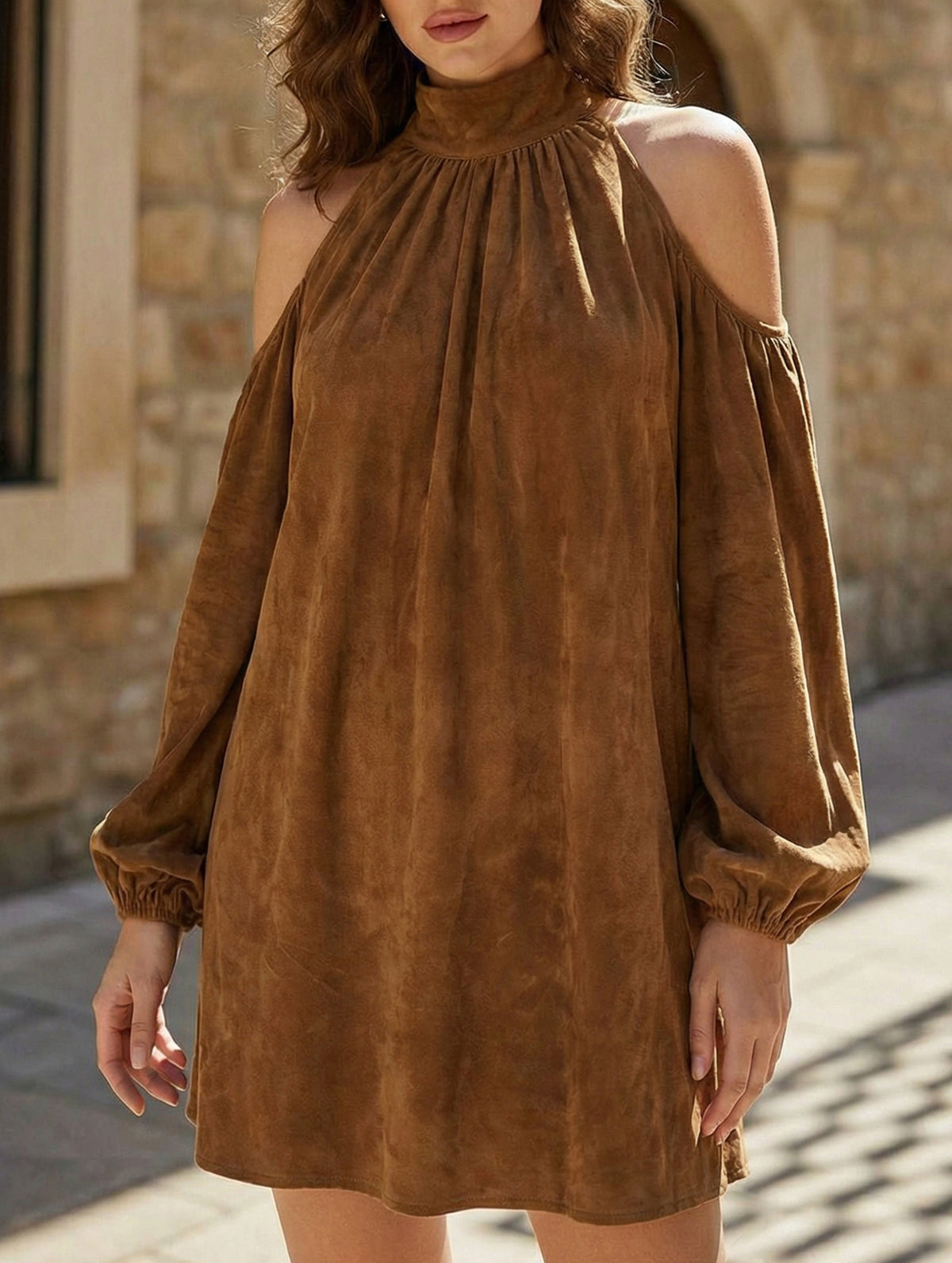 Vintage Faux Suede Halter Off Shoulder Dress_CWDSD11735