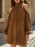 Vintage Faux Suede Halter Off Shoulder Dress_CWDSD11735