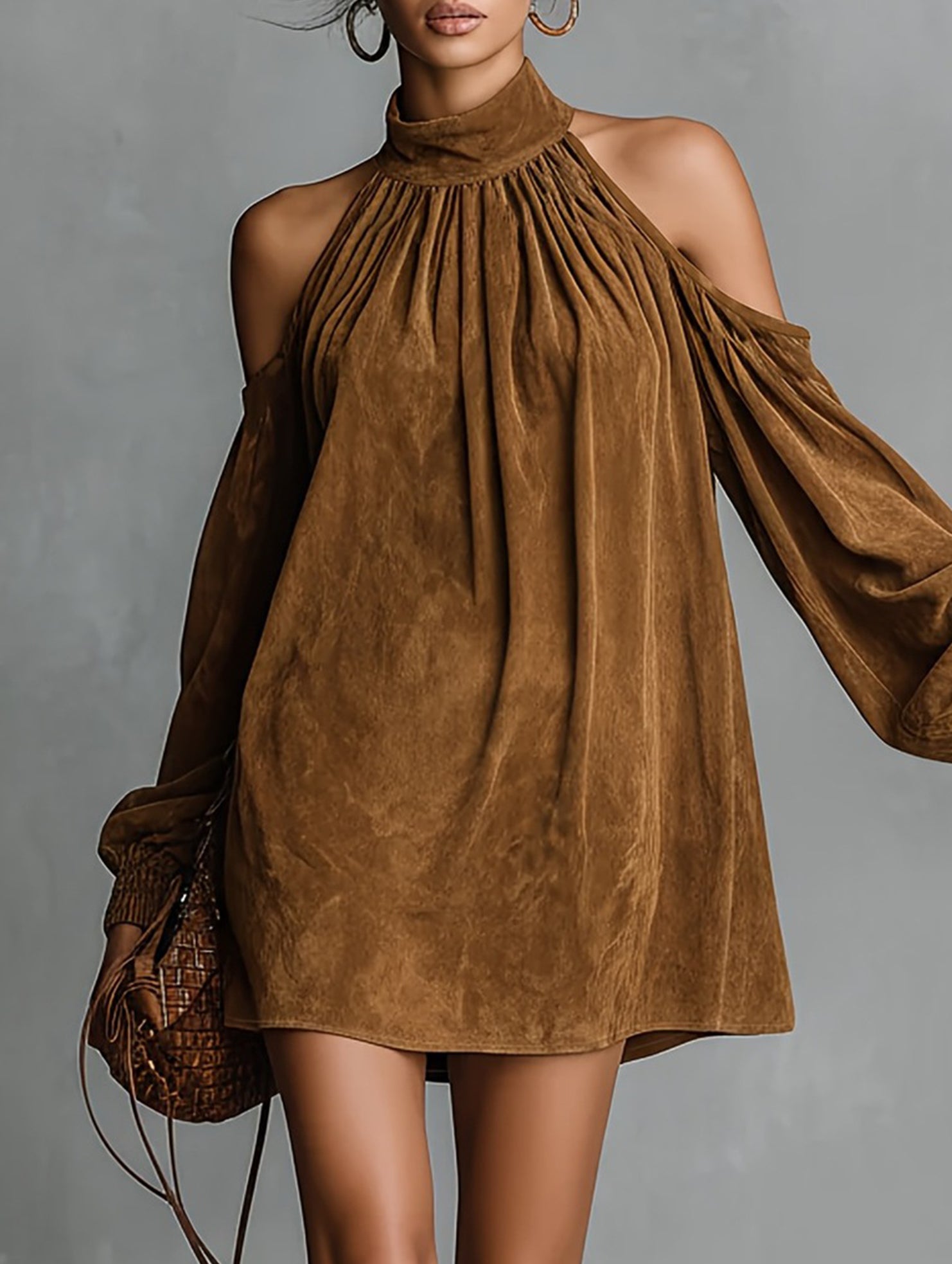 Vintage Faux Suede Halter Off Shoulder Dress_CWDSD11735