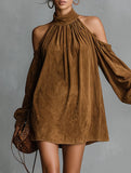Vintage Faux Suede Halter Off Shoulder Dress_CWDSD11735