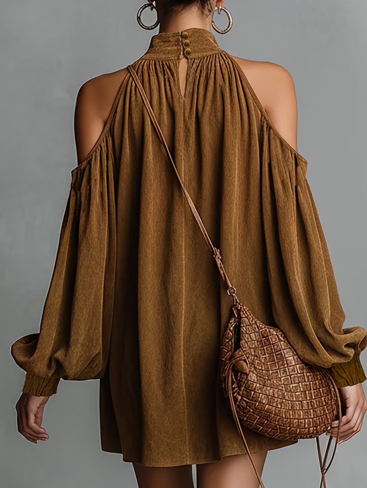 Vintage Faux Suede Halter Off Shoulder Dress_CWDSD11735