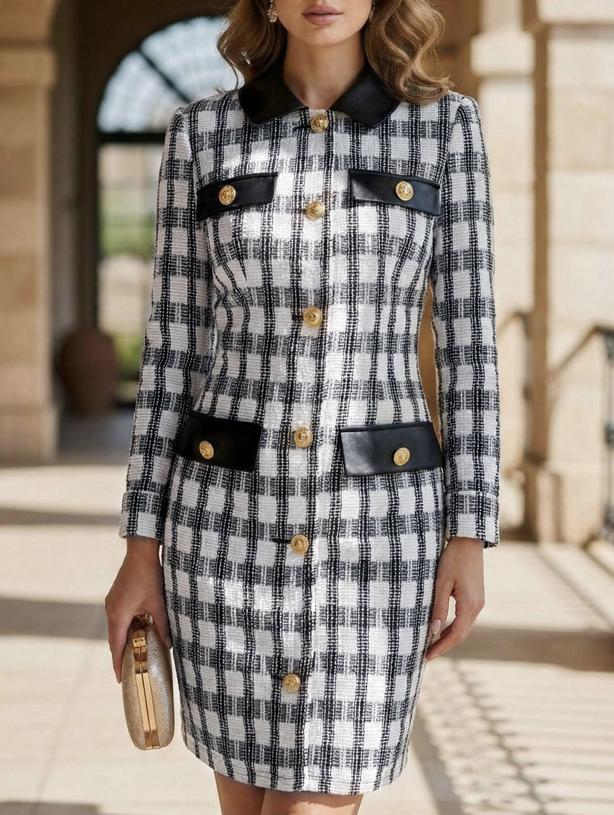 Tweed Plaid Contrast Collar Slim Dress_CWDSD11736