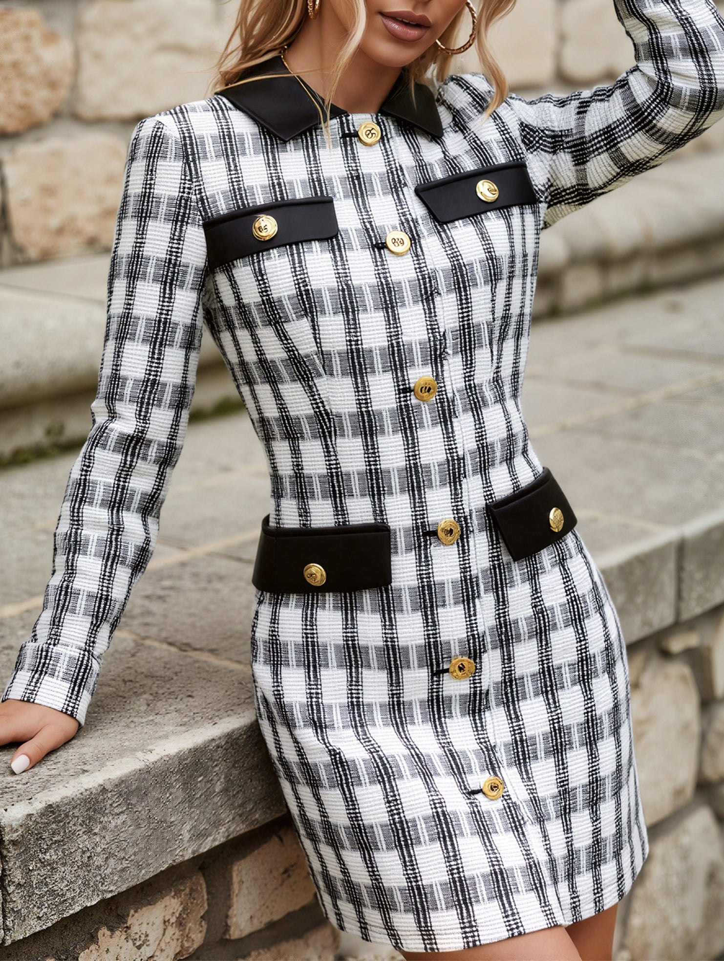 Tweed Plaid Contrast Collar Slim Dress_CWDSD11736