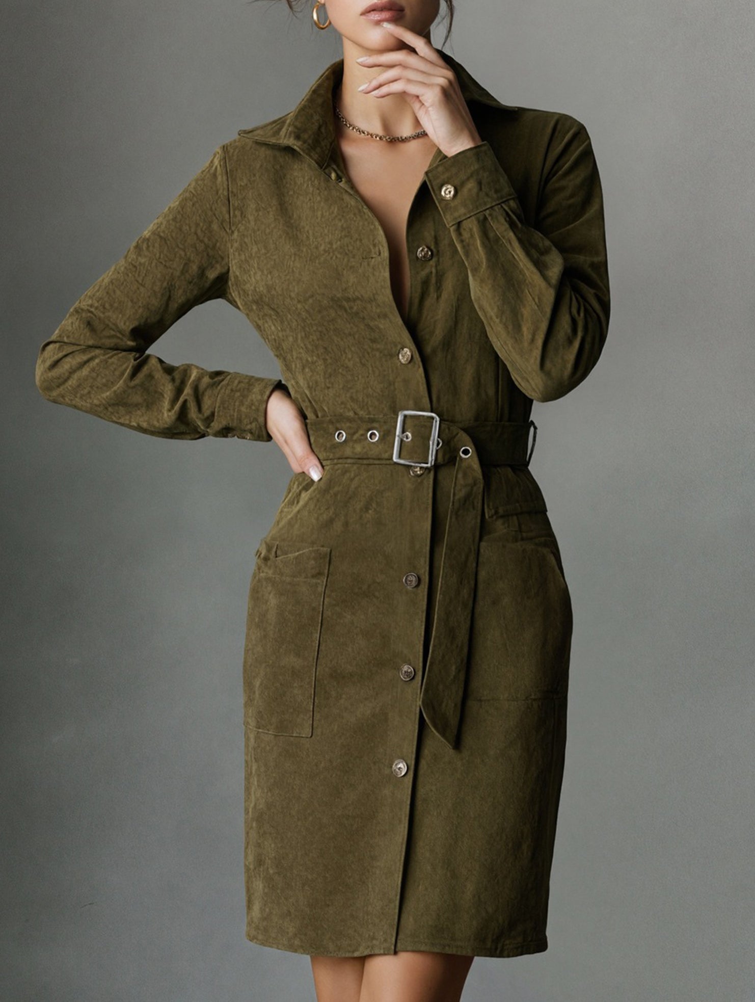 Retro Belted Shirt Dress with Pockets_CWDSD11737