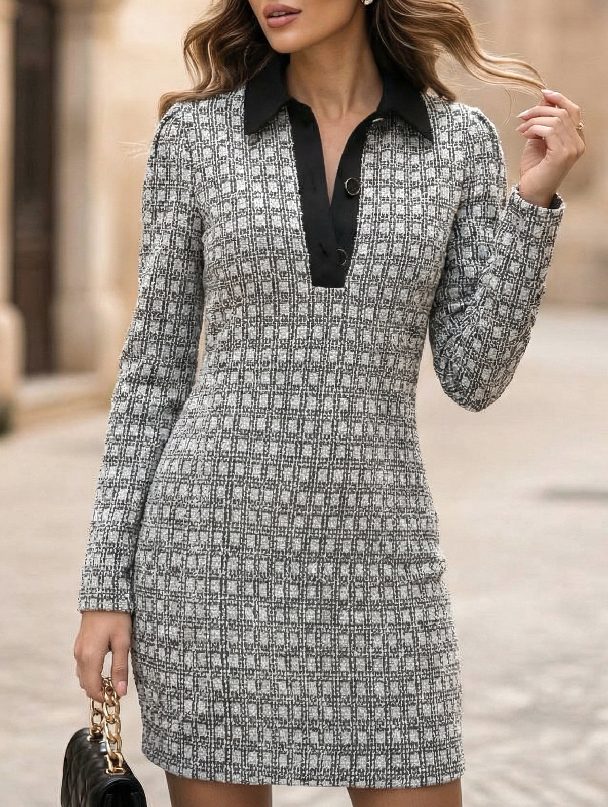 Houndstooth Knit Shirt Style Dress_CWDSD11739
