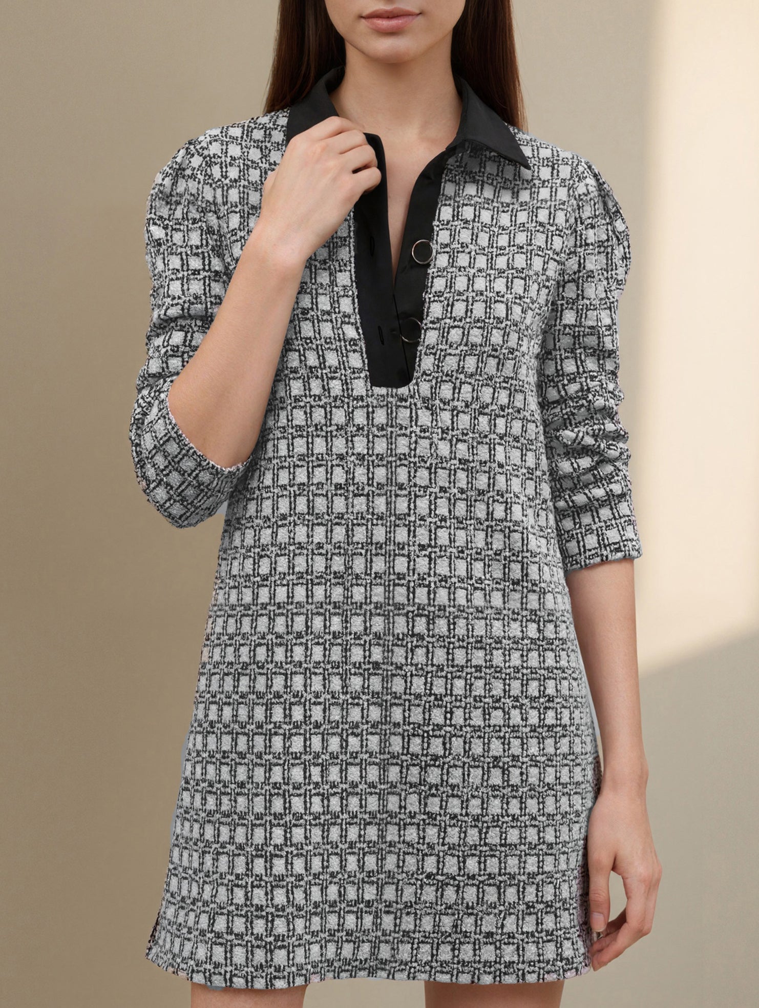Houndstooth Knit Shirt Style Dress_CWDSD11739