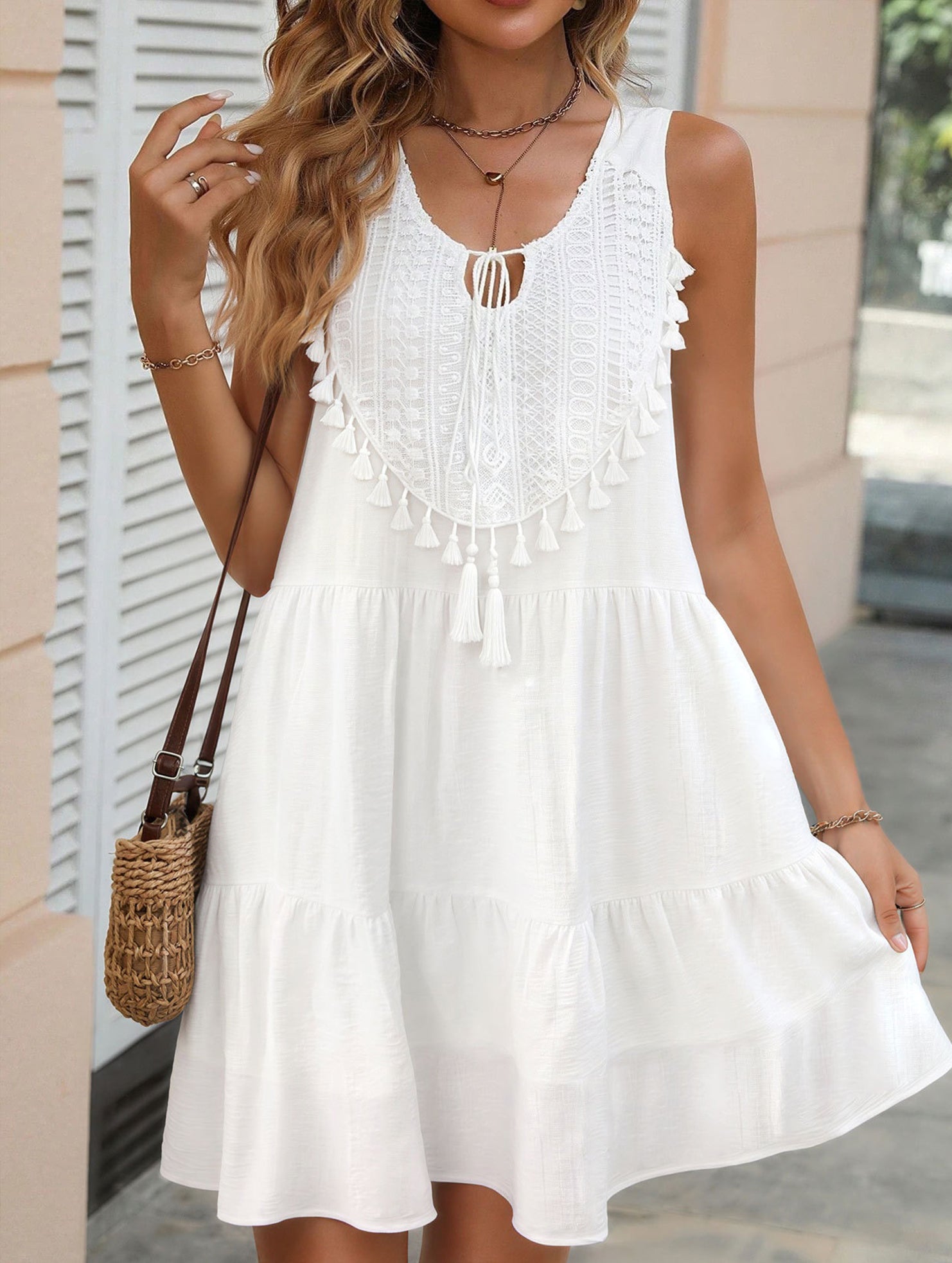 Boho White Tassel V Neck Beach Dress