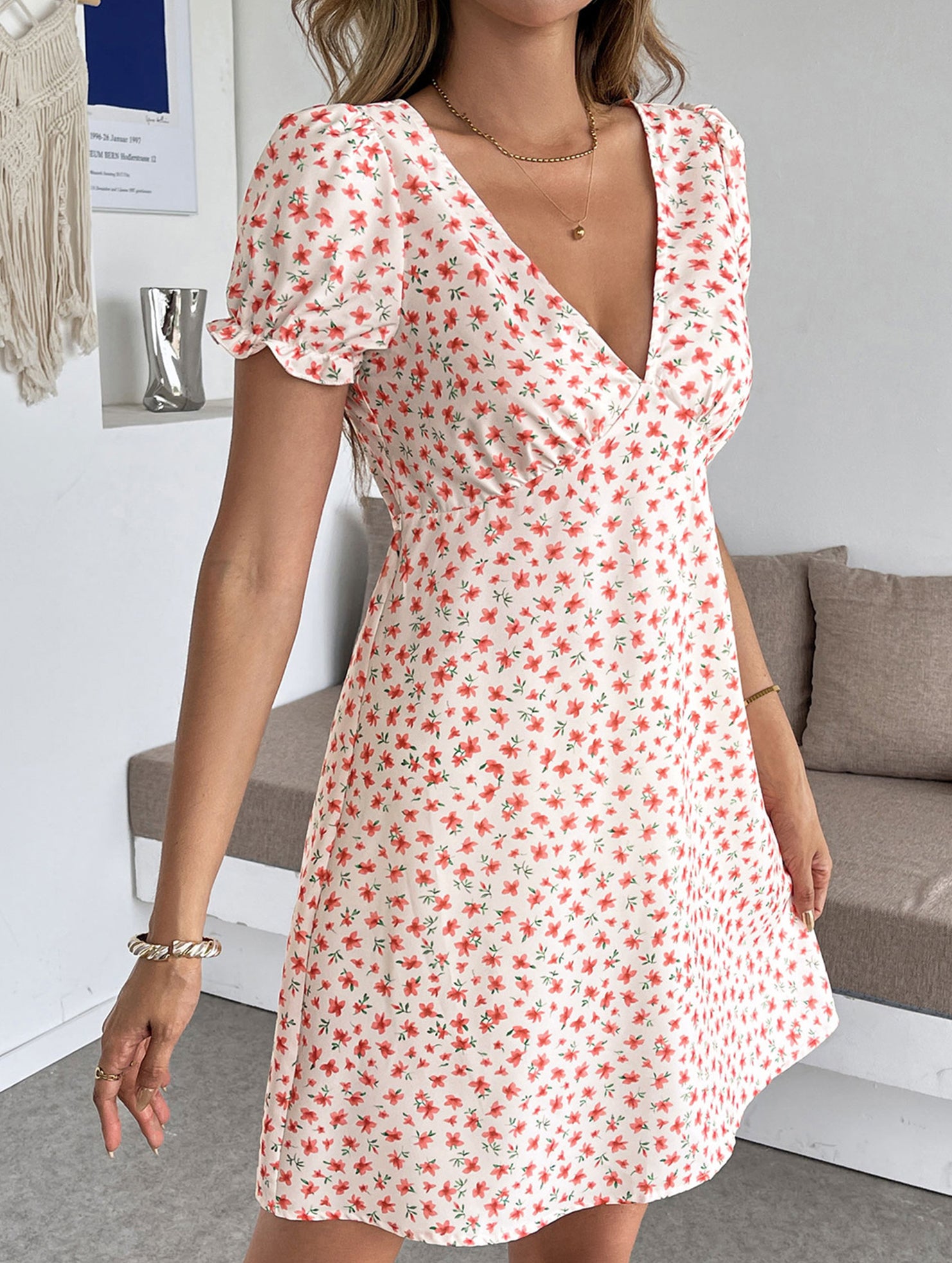 Floral Puff Sleeve V Neck Dress