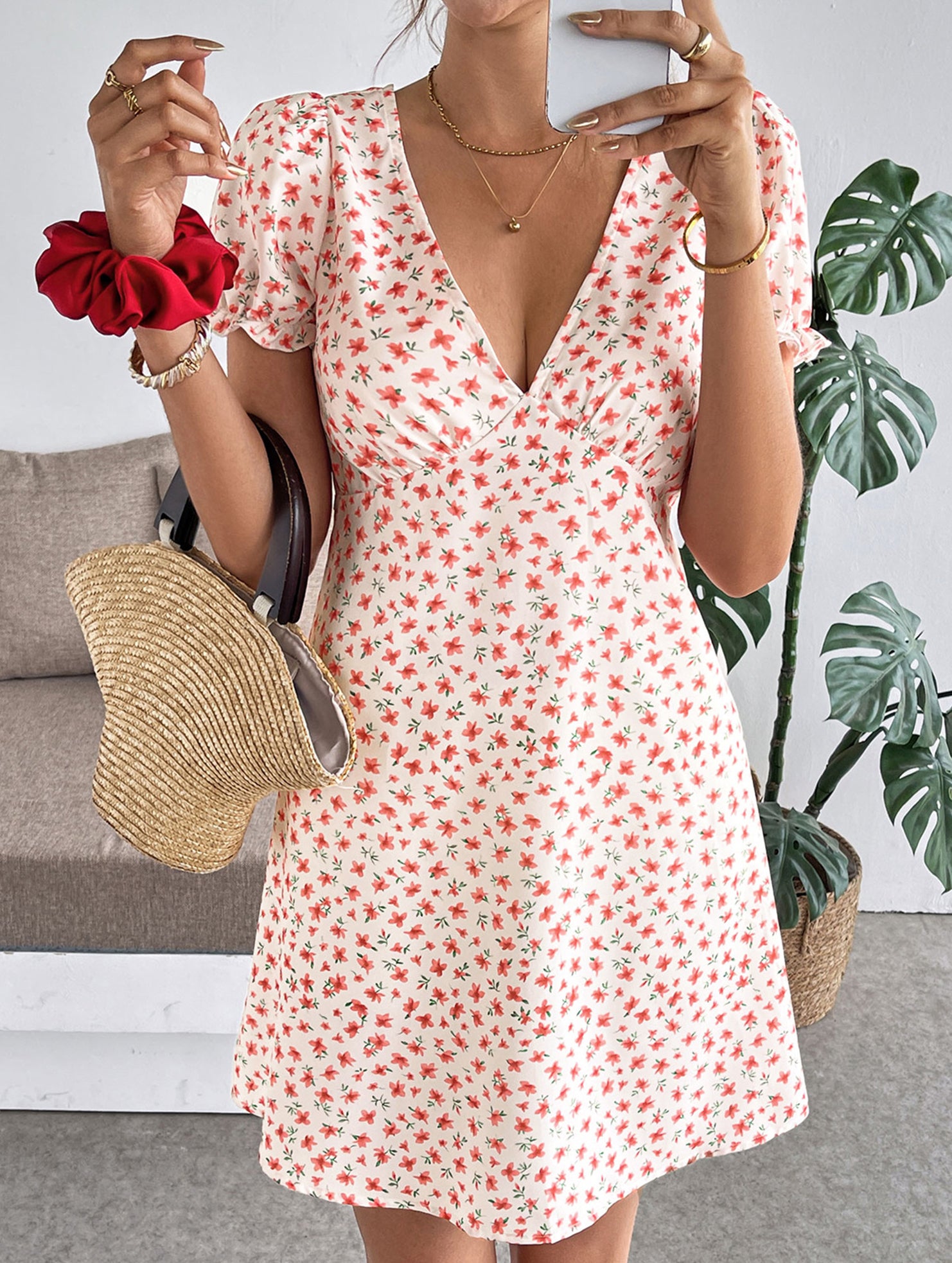Floral Puff Sleeve V Neck Dress