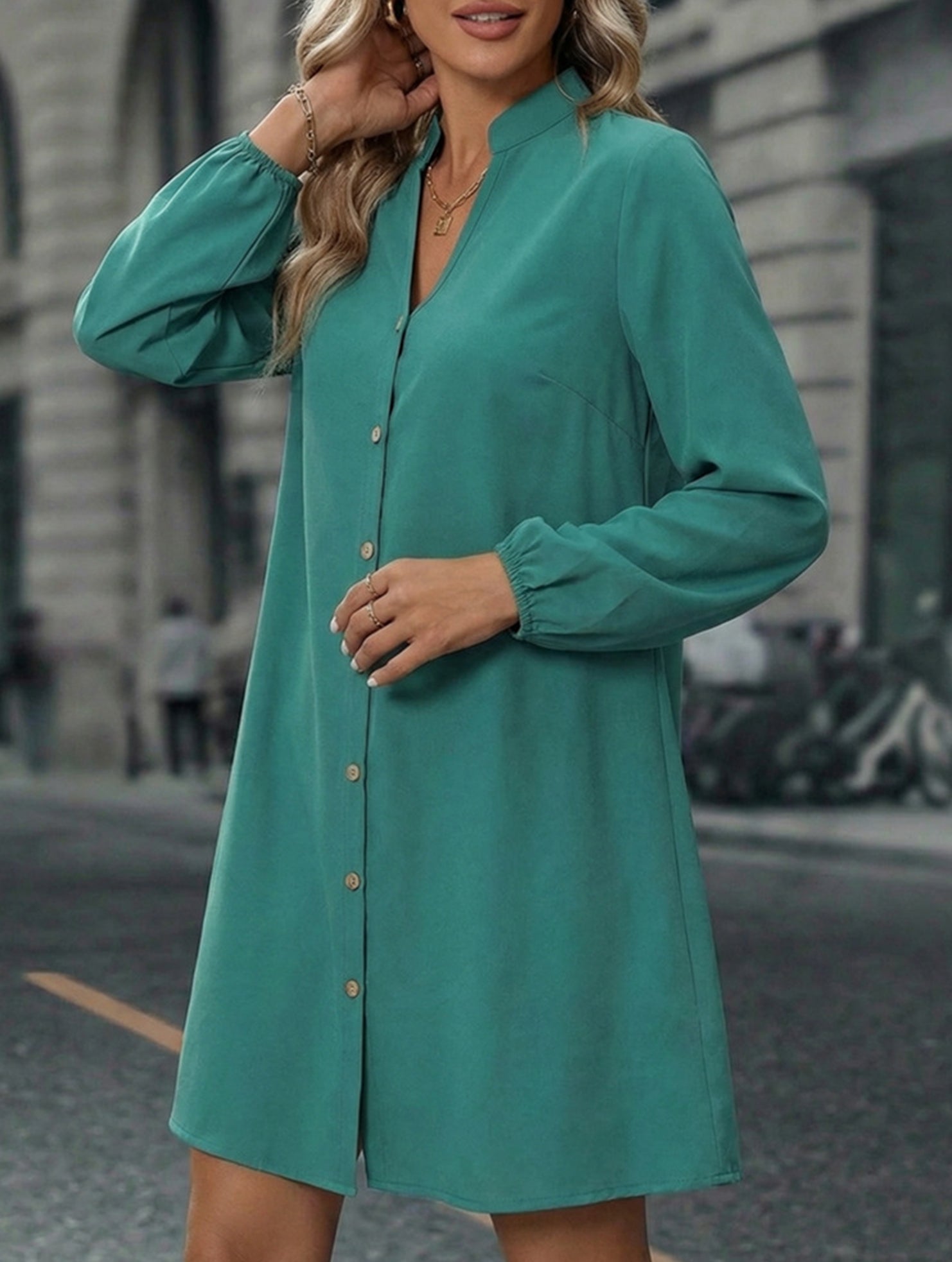 Solid Long Sleeve A Line Midi Dress