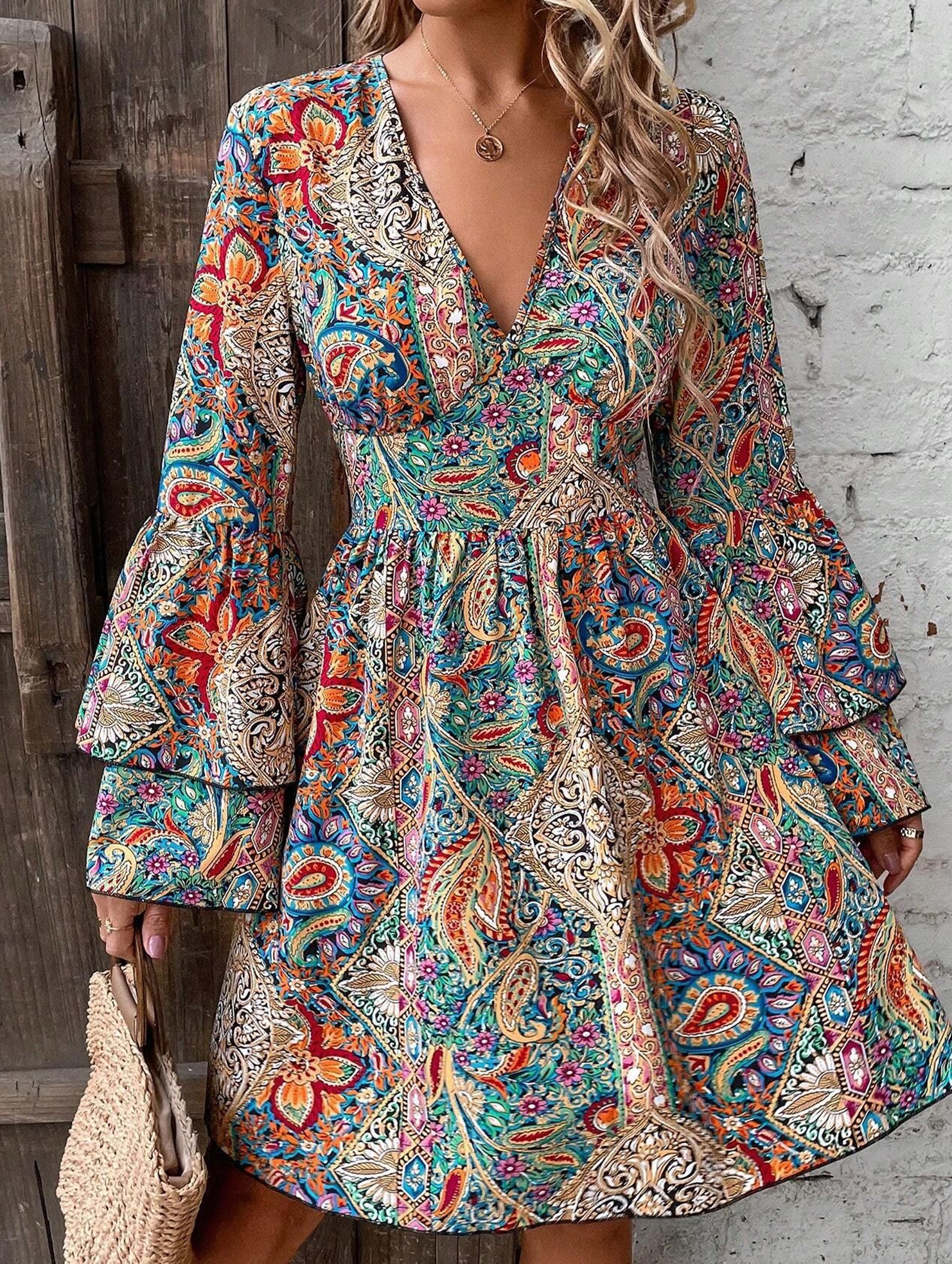 Floral V Neck Bell Sleeve Dress