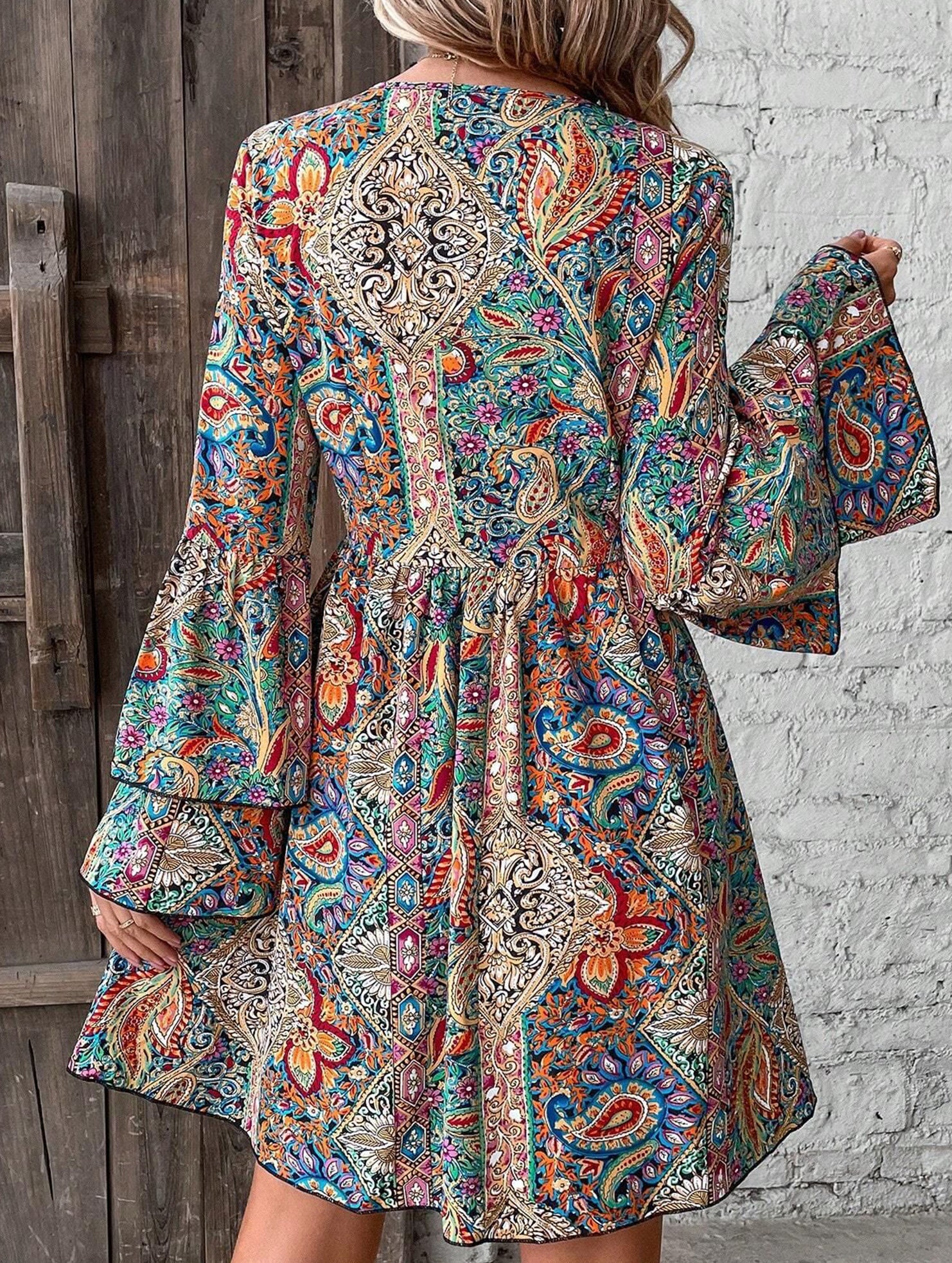 Floral V Neck Bell Sleeve Dress