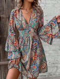 Floral V Neck Bell Sleeve Dress