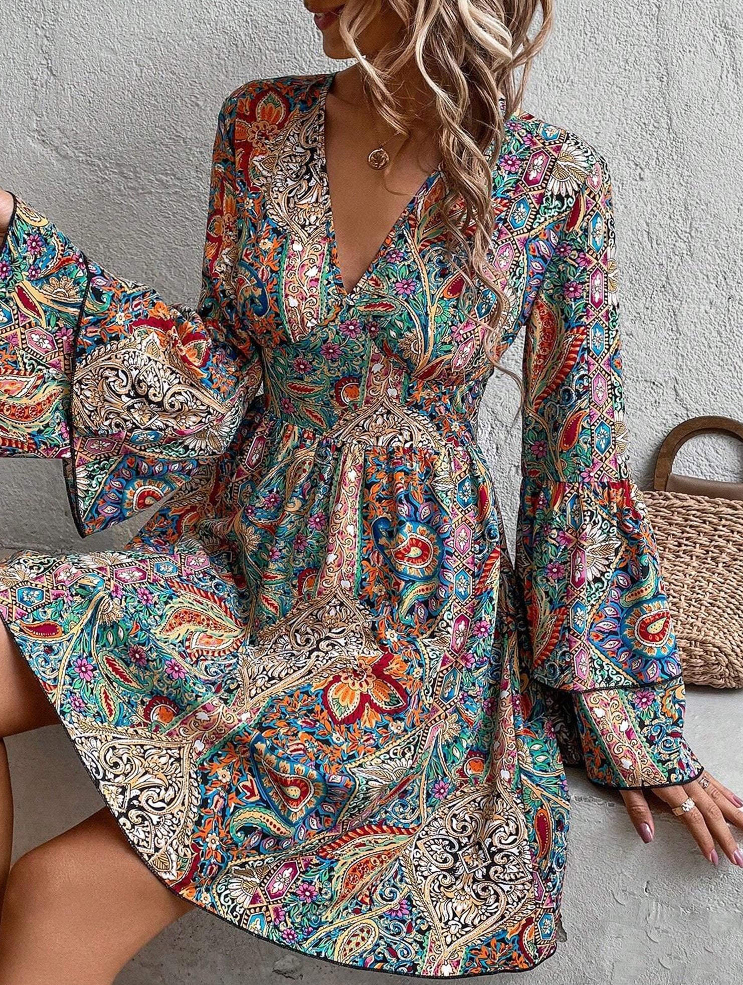 Floral V Neck Bell Sleeve Dress