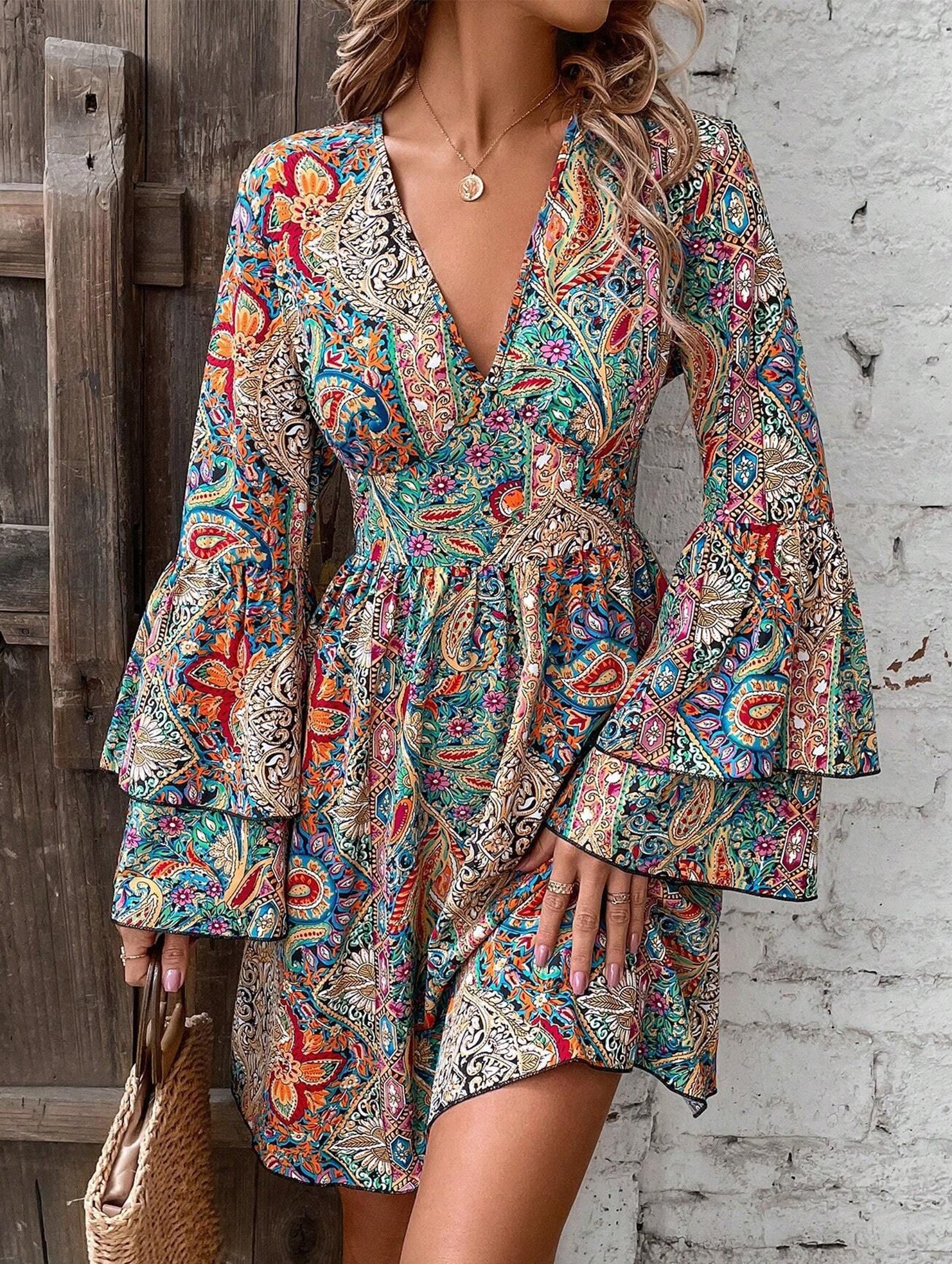 Floral V Neck Bell Sleeve Dress