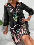 V Neck Lace Patch Print Dress