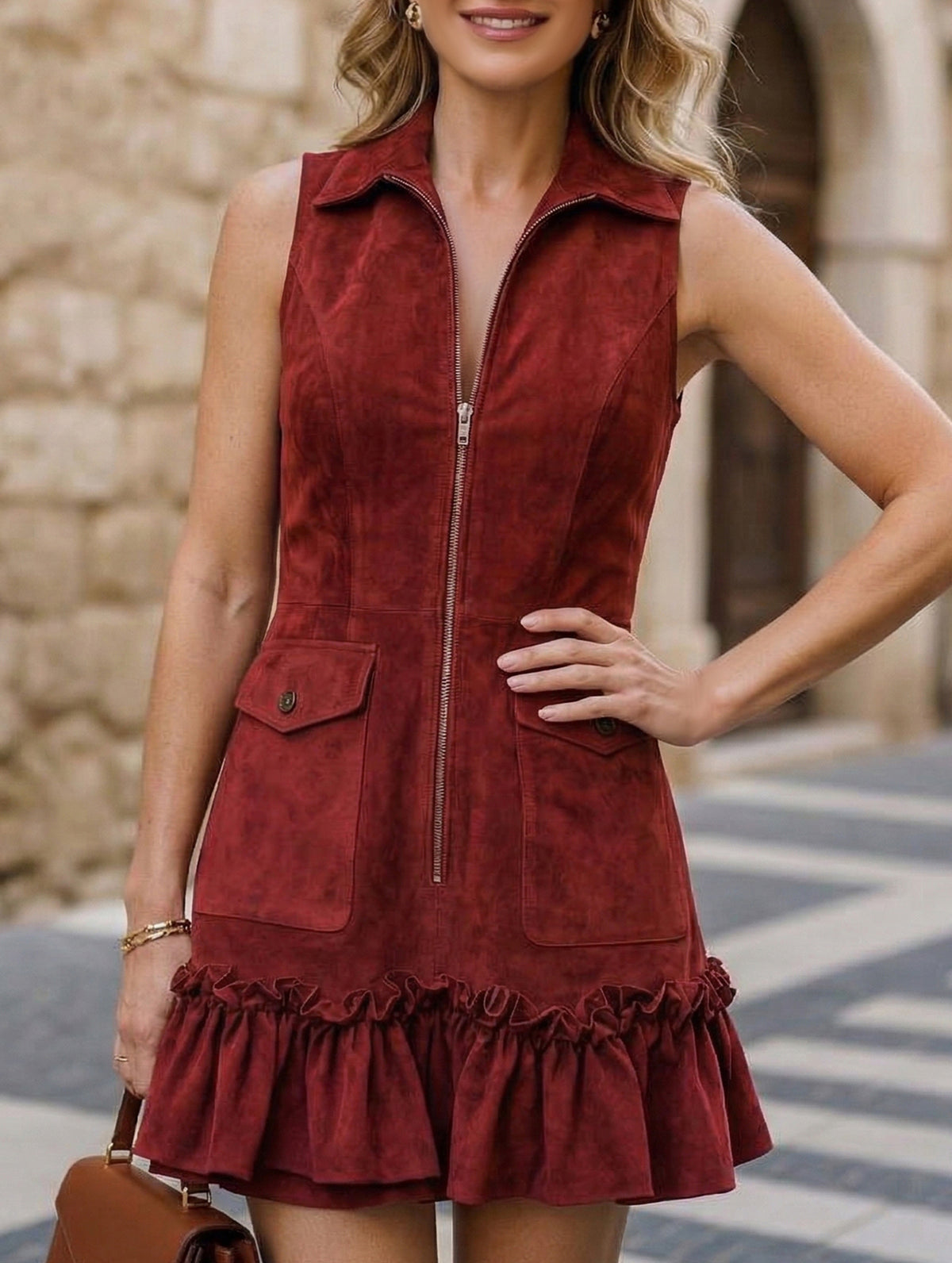 Stand Collar Ruffle Sleeveless Mini Dress