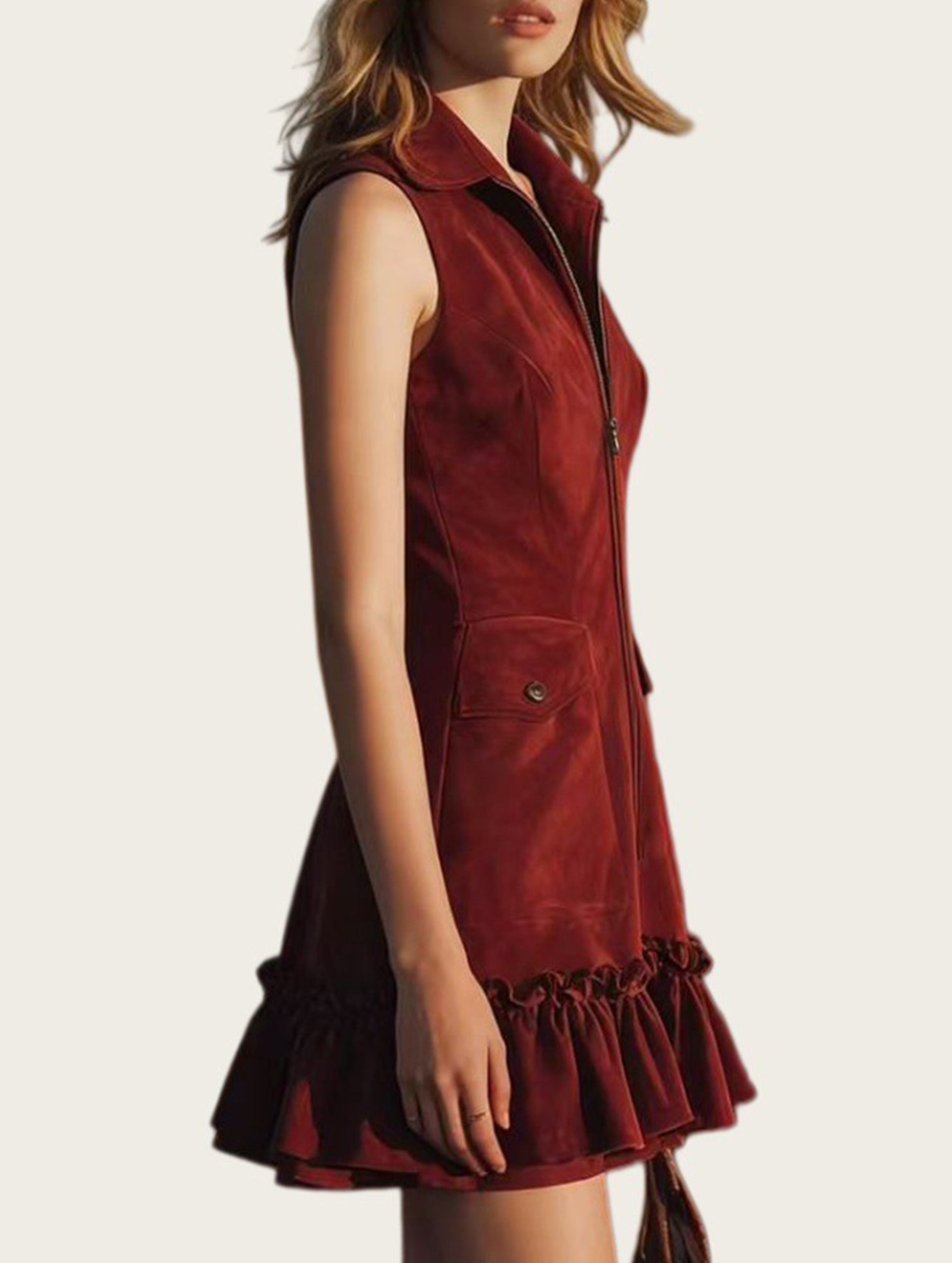 Stand Collar Ruffle Sleeveless Mini Dress