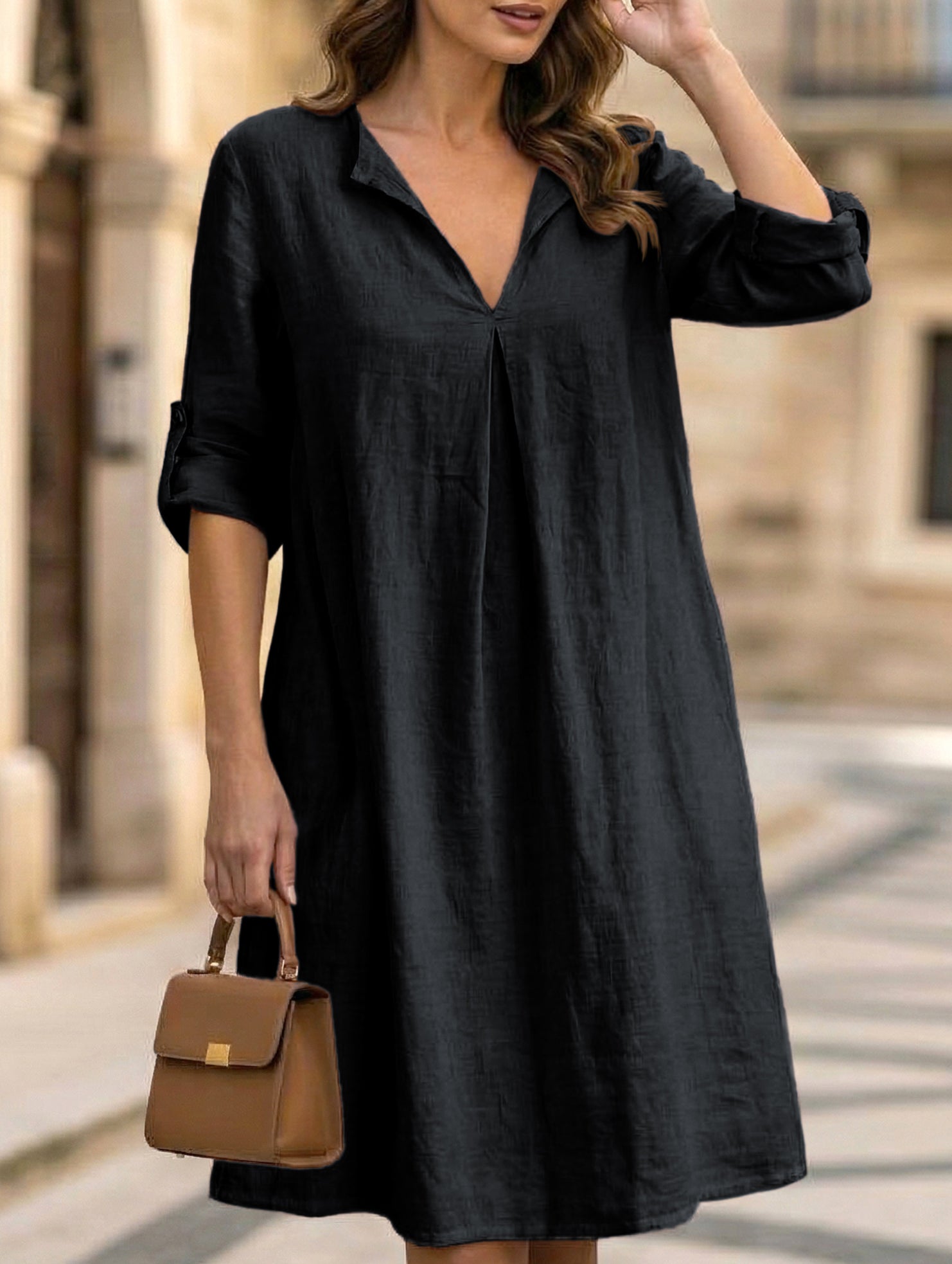 Linen V Neck Short Sleeve Dress