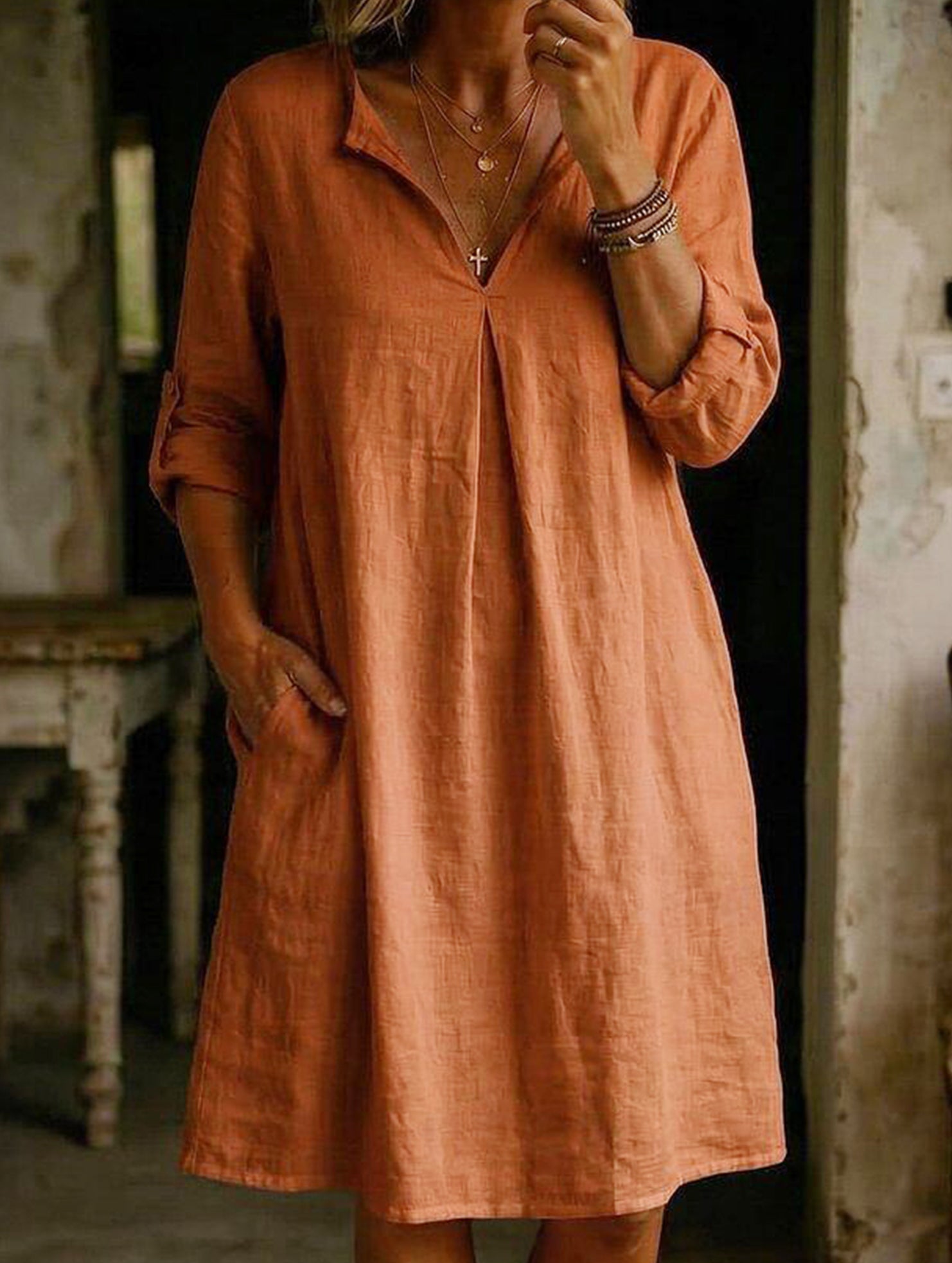 Linen V Neck Short Sleeve Dress