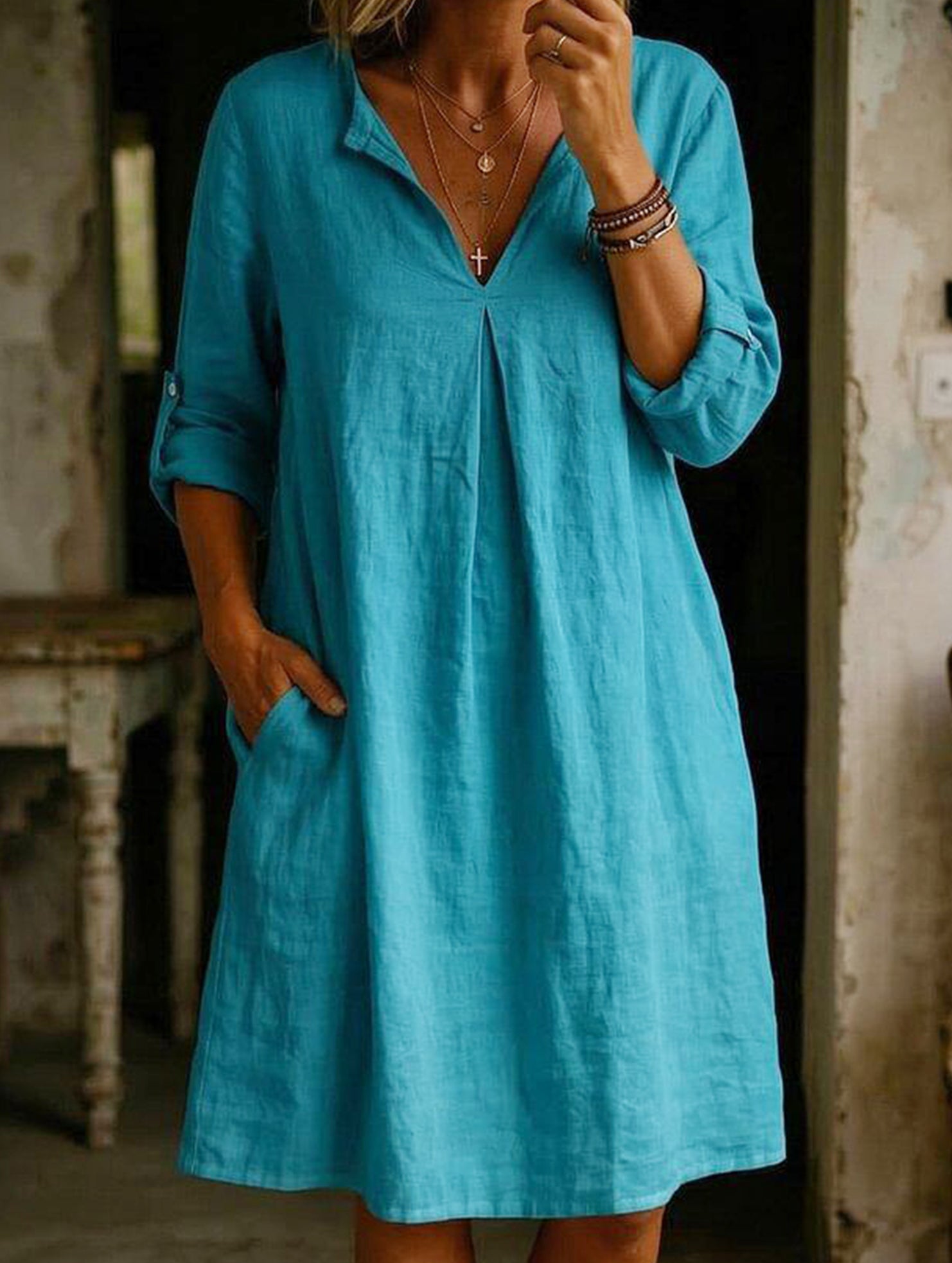 Linen V Neck Short Sleeve Dress