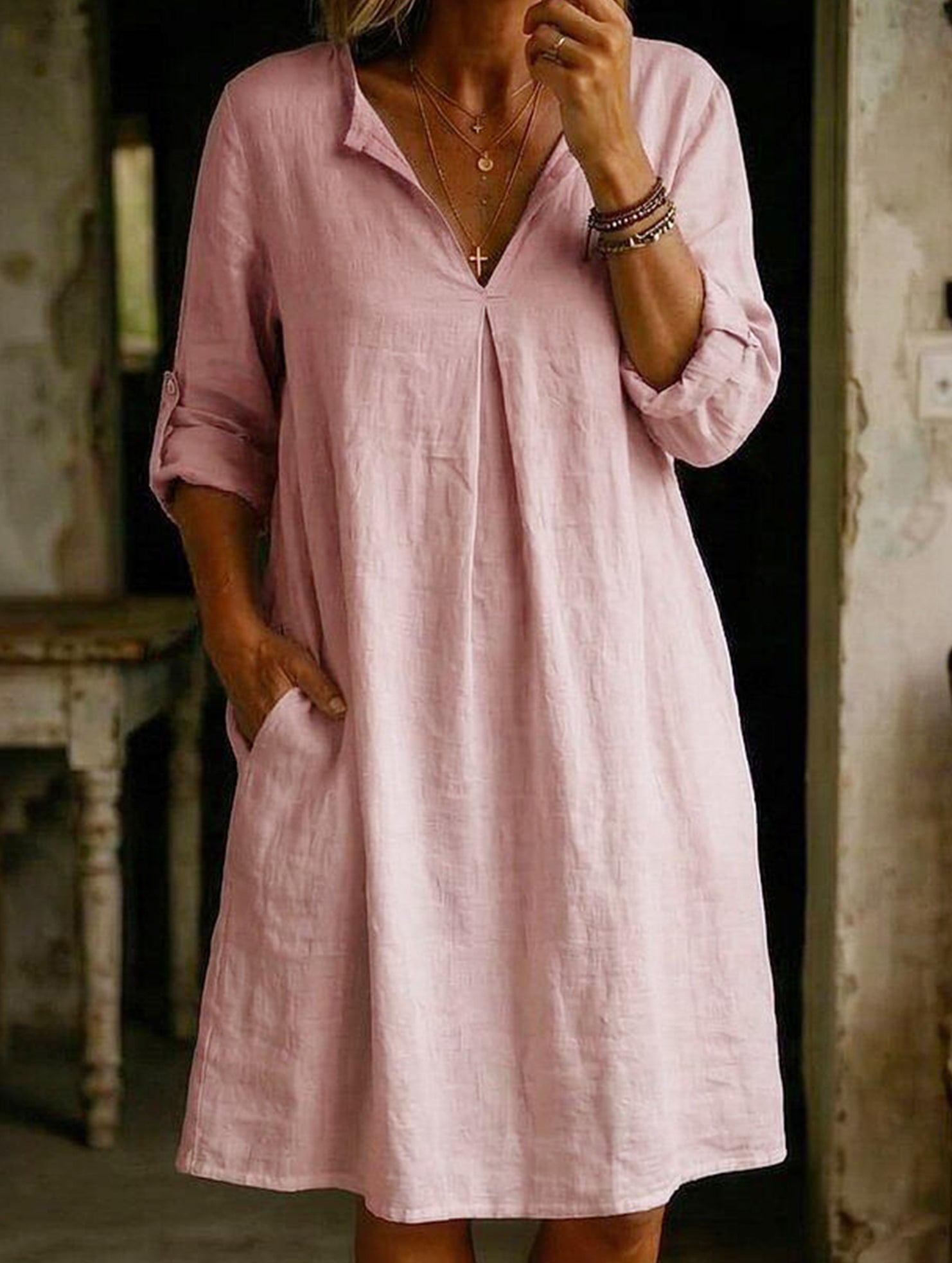 Linen V Neck Short Sleeve Dress