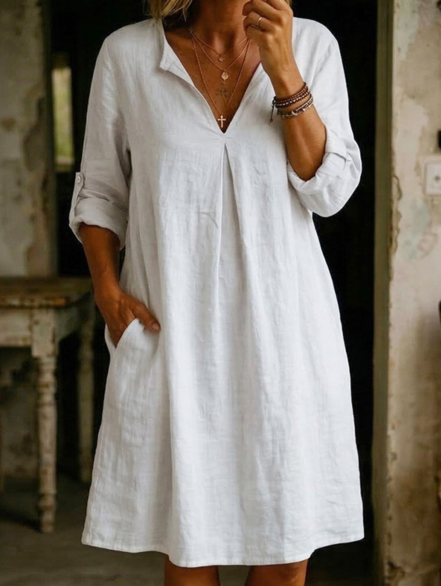 Linen V Neck Short Sleeve Dress