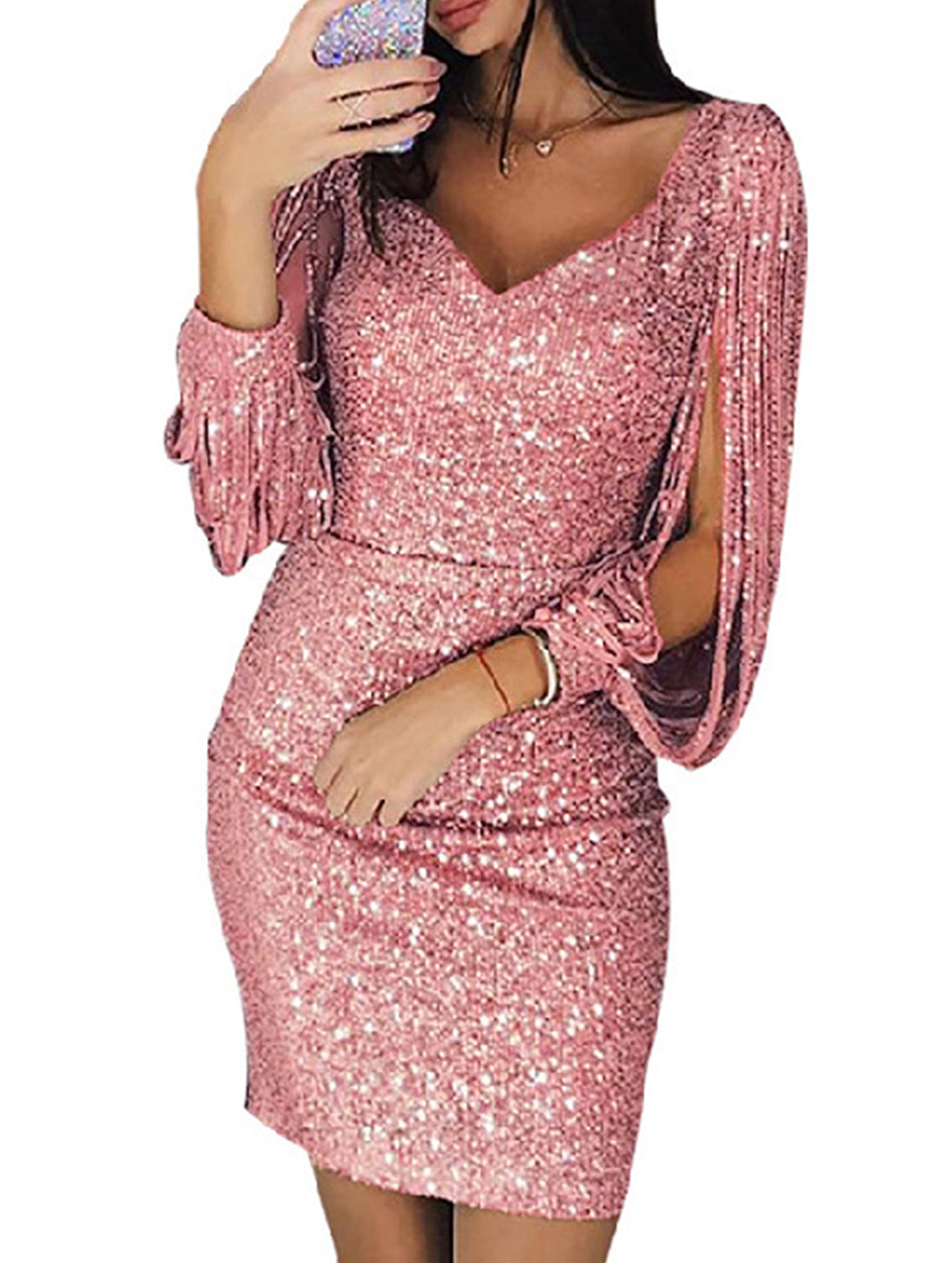 Sequin Fringe Bodycon Party Dress_CWDSD11958