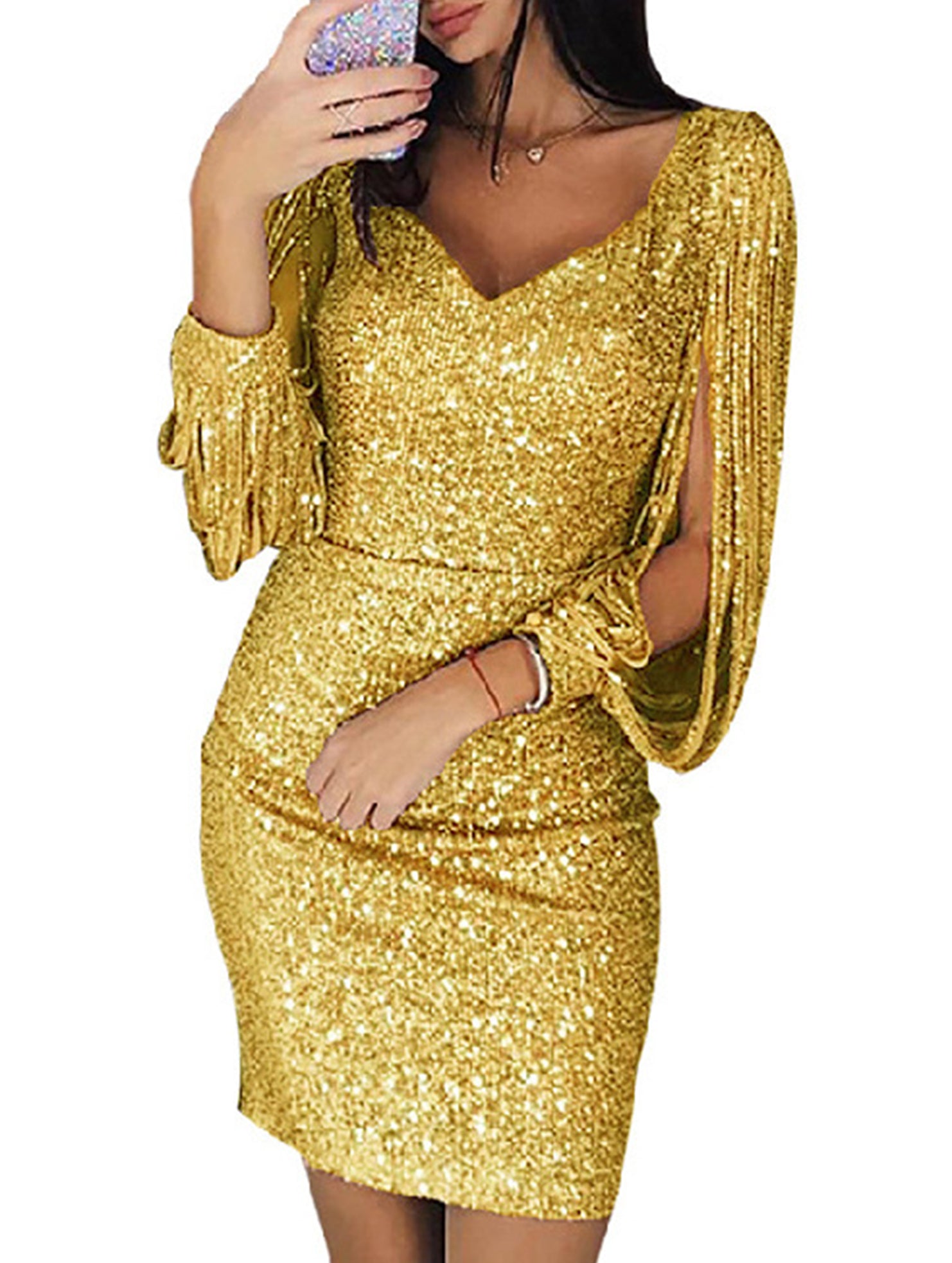 Sequin Fringe Bodycon Party Dress_CWDSD11958