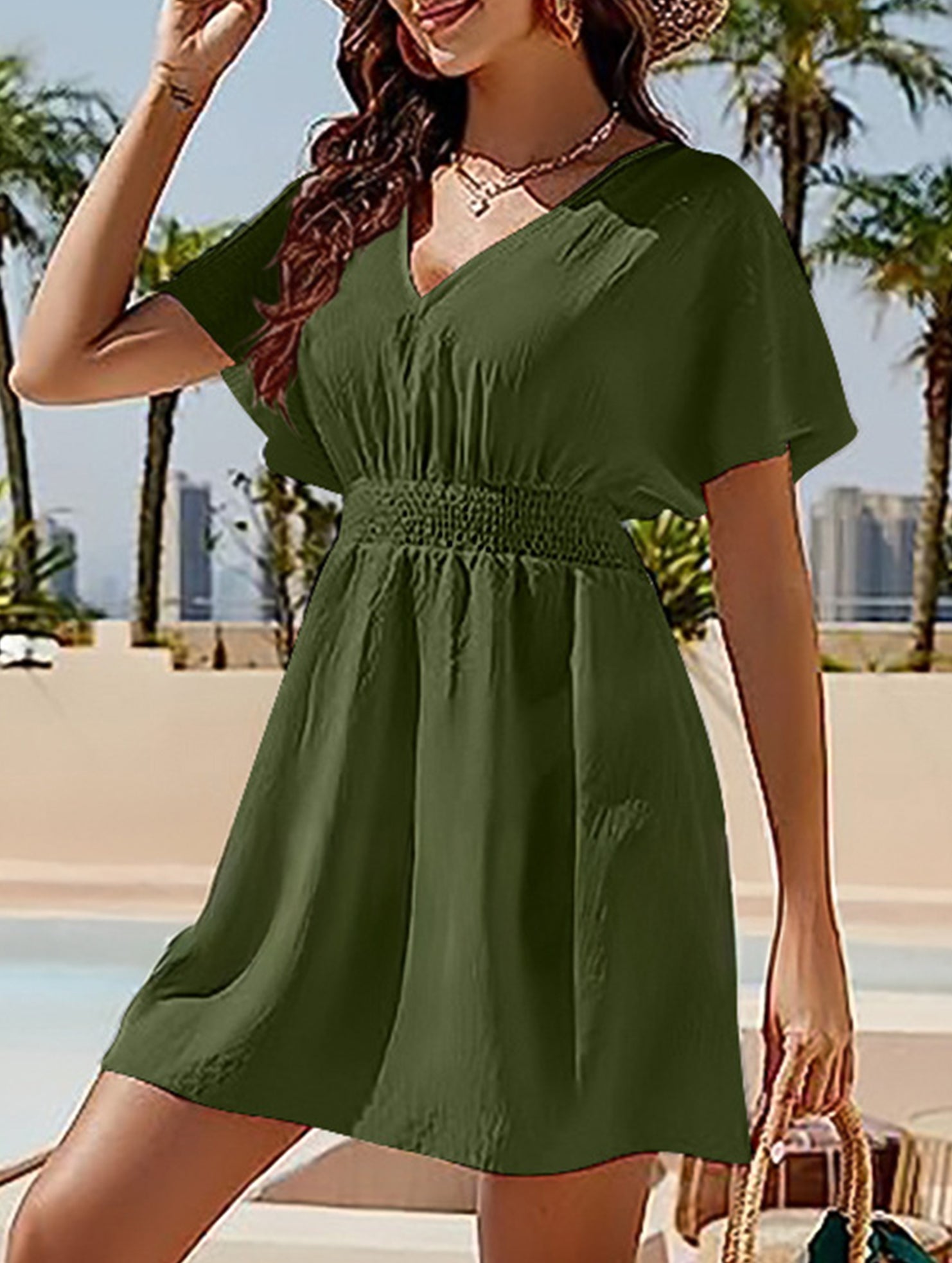 V Neck Ruched Beach Cover Dress