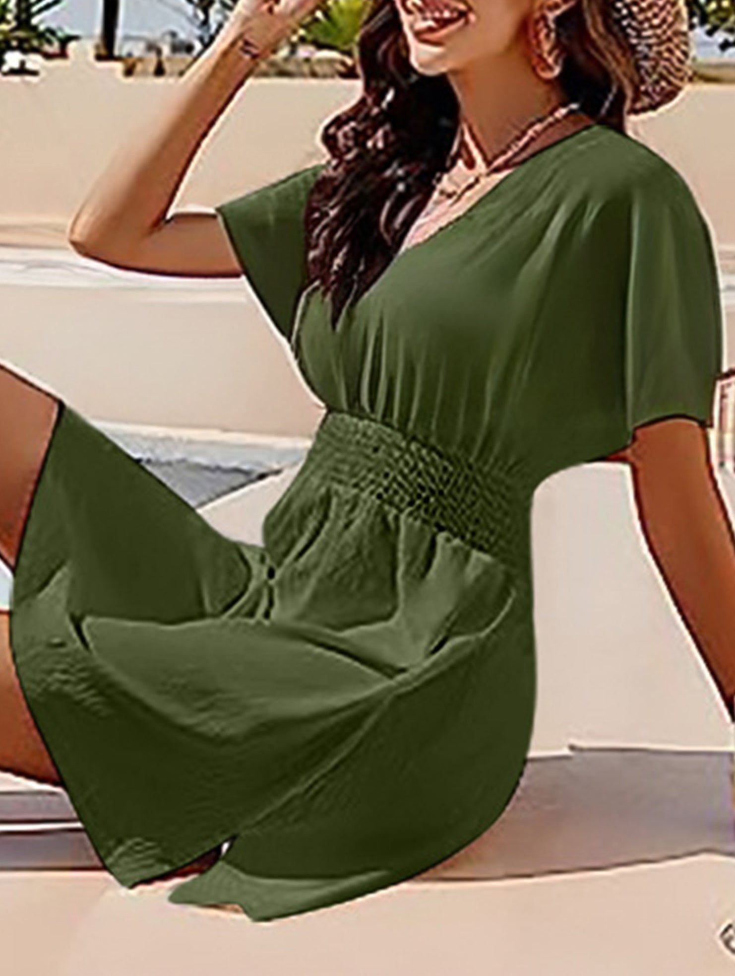 V Neck Ruched Beach Cover Dress
